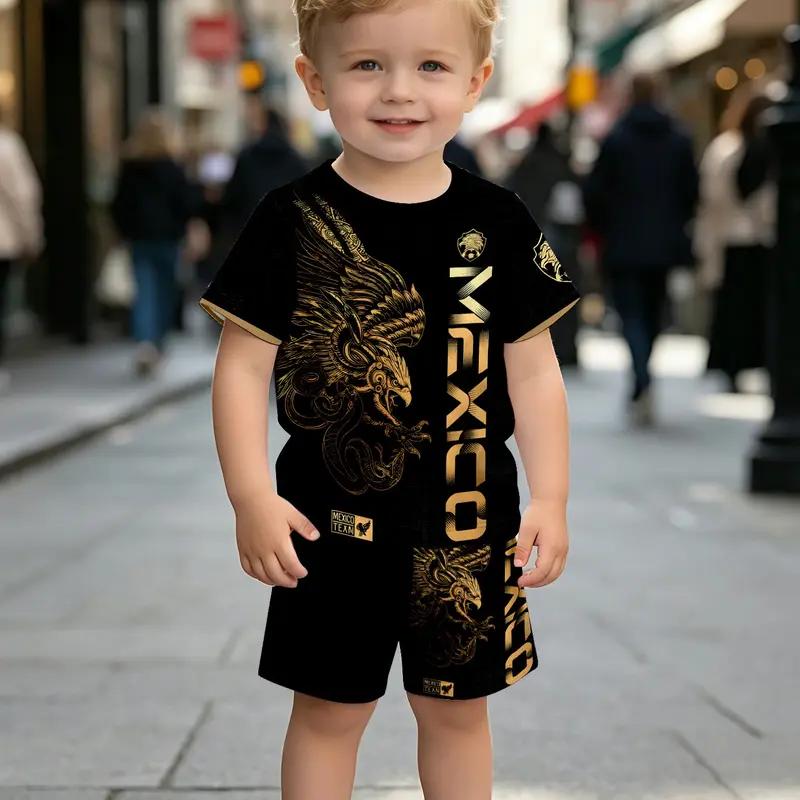 Boys' High Street Fashion Gold Football Theme Set, Short Sleeve Shorts Two-Piece Set, Casual Outdoor Sports, Sports Clothing Set, Birthday Gift, Holiday Gift, Graphic Print Set, Sportswear Set, Outfit Sets