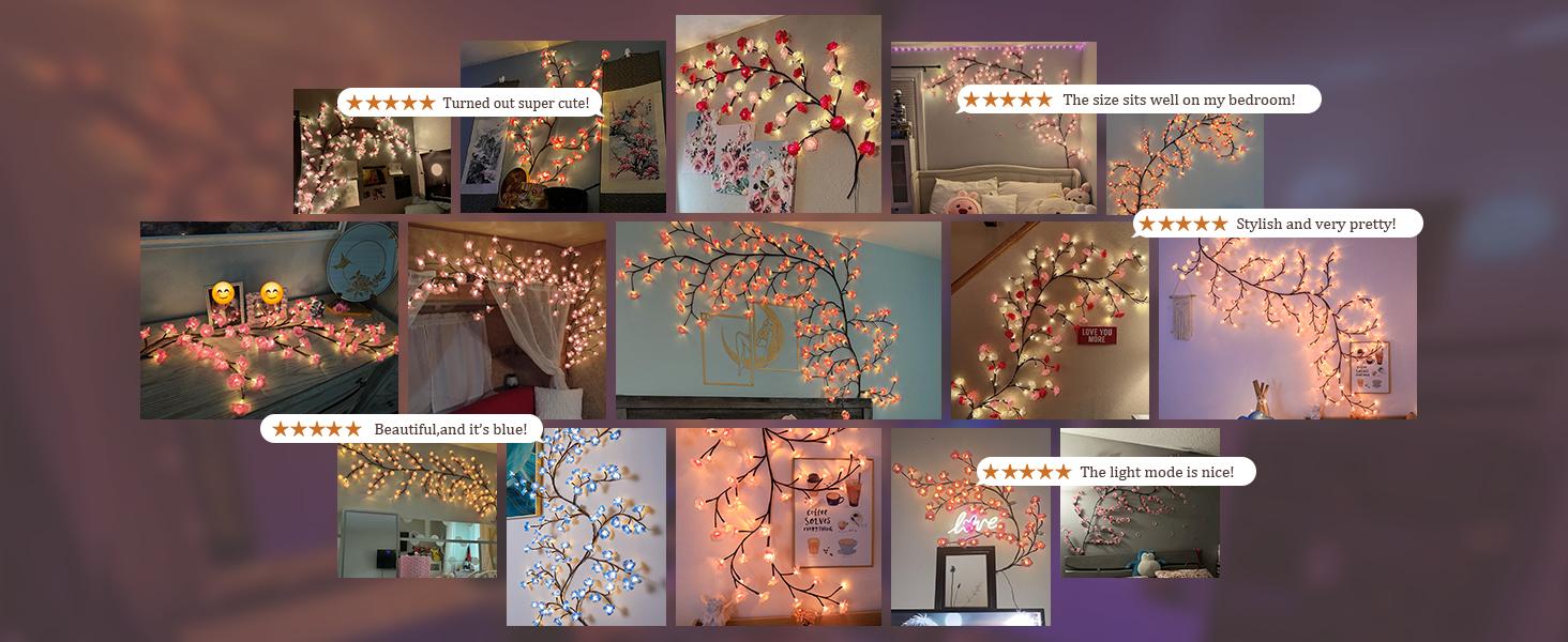 BASIC SUPPLY DIY Cherry Enchanted Willow Vine Lights,4 FT 48 LED Cherry Blossom Lights with Remote Timer,8 Lighting Modes,LED Tree Branch Light for Wall,Cherry Blossom Wall Decor for Bedroom Living Room Window