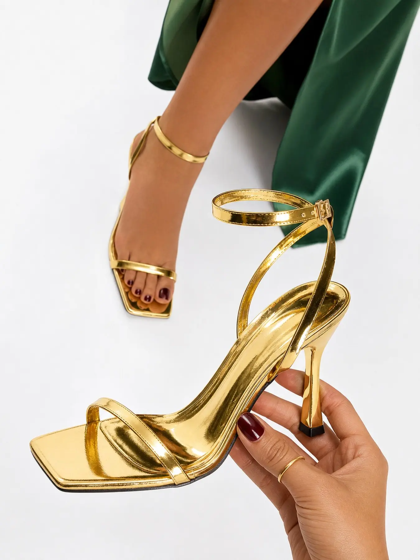 Women's Silver Square-Toe High Heel Sandals, Thin Ankle Strap Open-Toe Party Shoes, Y2K / Baddie Style, Ankle Strap Footwear, Square Toed Sandals