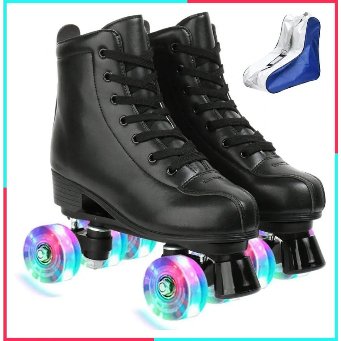 PU Leather High-Top Double-Row Roller Skates for Women Men, Beginner & Professional Indoor Outdoor Roller Skate Shoes with Bag