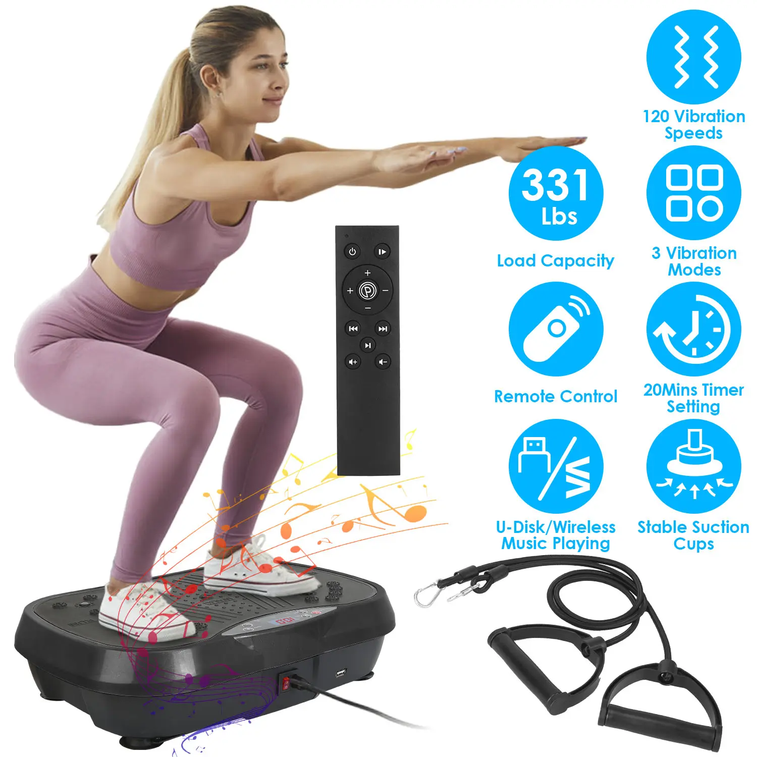 Vibration Plate Exercise Machine with Looped Resistance Bands, Compact Whole Body Workout Trainer for Home Glute & Leg Training, 120 Speeds, 331 Lbs Capacity, USB Music Player, ABS Construction, Glute And Leg Training Vibration Trainers, Gym Fit Vibration
