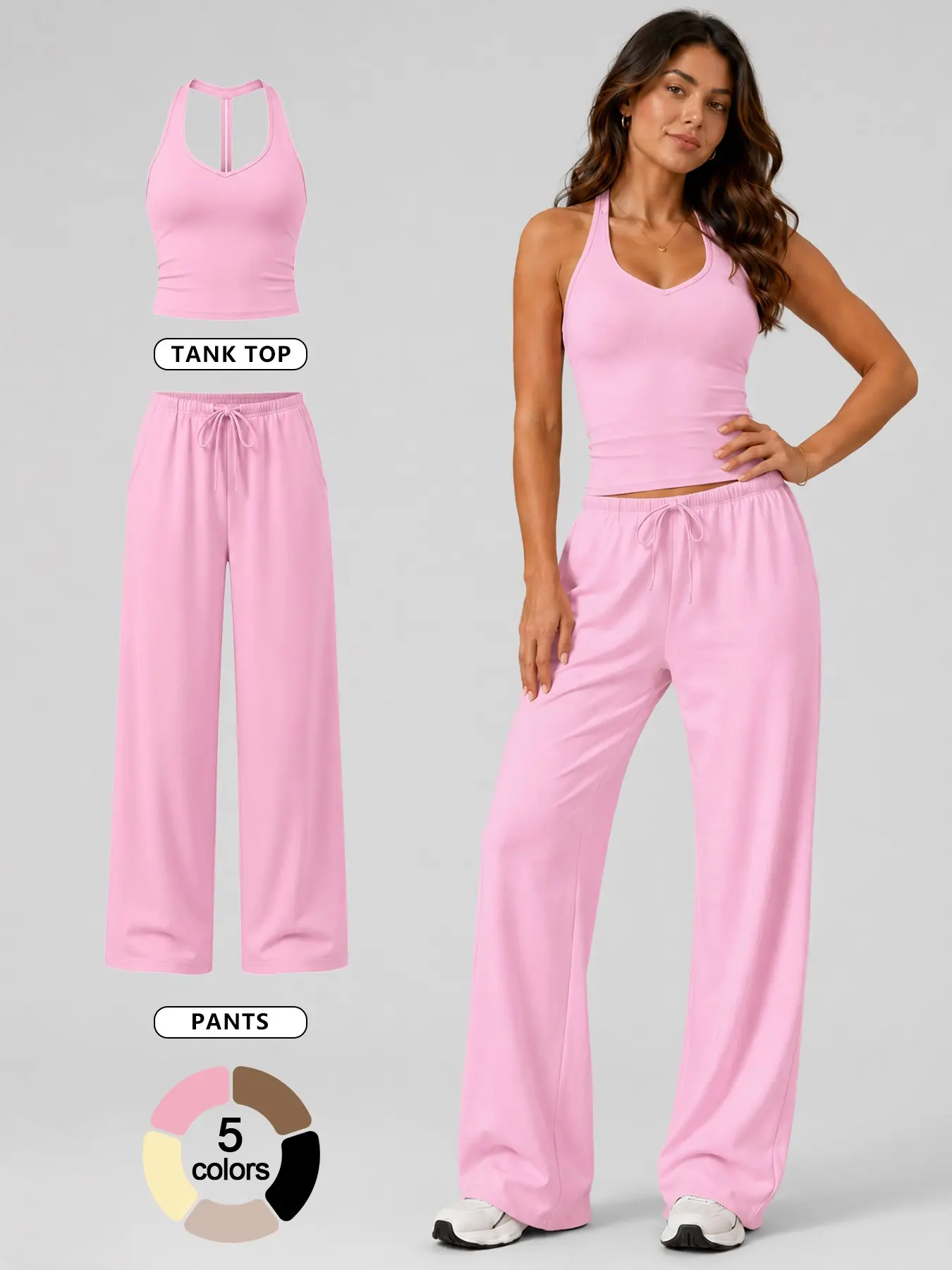 Women's 2 Piece Set Tank Top and Pants Loungewear Set Solid Color Racerback Soft Comfortable Breathable Four Way Stretch Loose Fit Adjustable Drawstring Cooling Moisture Wicking Yoga Set for Daily Wear Travel Airport Casual Pajama Set, Nightwear