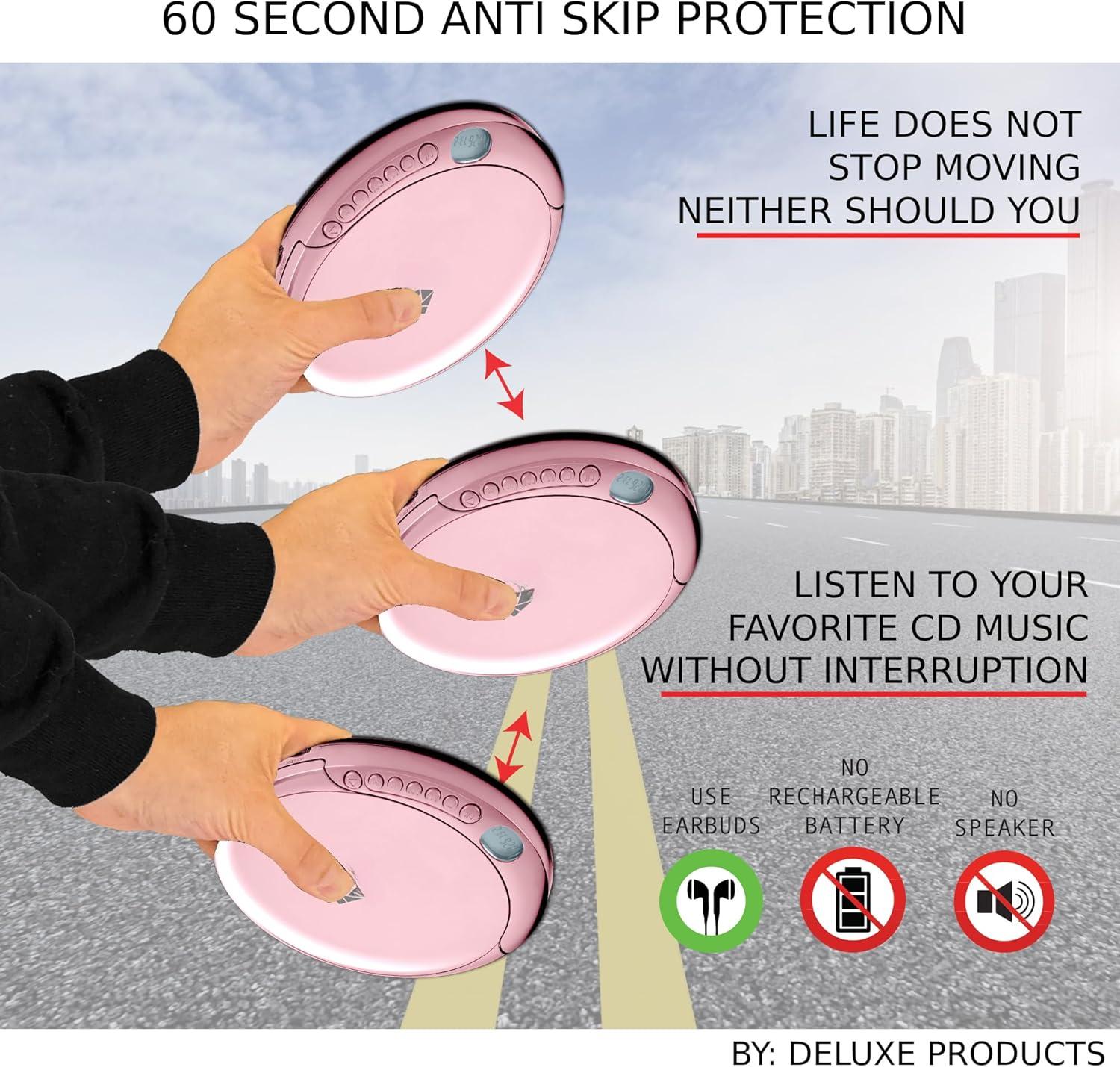 CD Player Portable with 60 Second Anti Skip, Stereo Earbuds, Includes Aux in Cable and AC USB Power Cable for use at Home or in Car.Pink