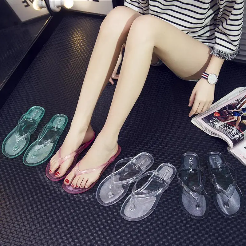 Women's Korean Translucent Waterproof Jelly Flip-Flops, Chic Retro Crystal Clip-On Beach Sandals, Casual Outing Slip-On Flat Sole Shoes for Summer Students, Soft Pvc