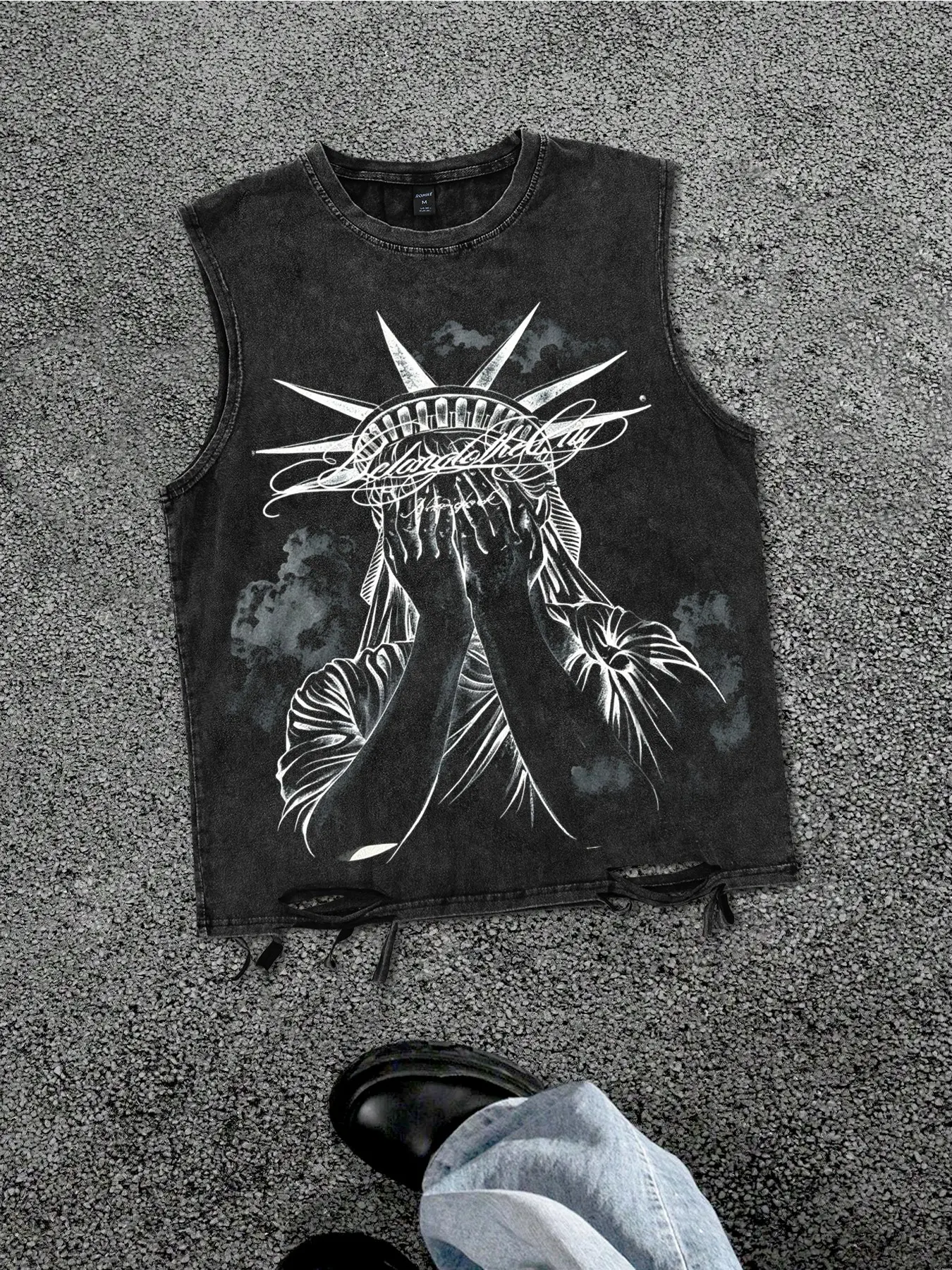 Men's Vintage Washed Out Statue of Liberty Sleeveless Oversized Tank Top, High Street Retro Ripped Hem Backless Vest, Fashionable Unisex