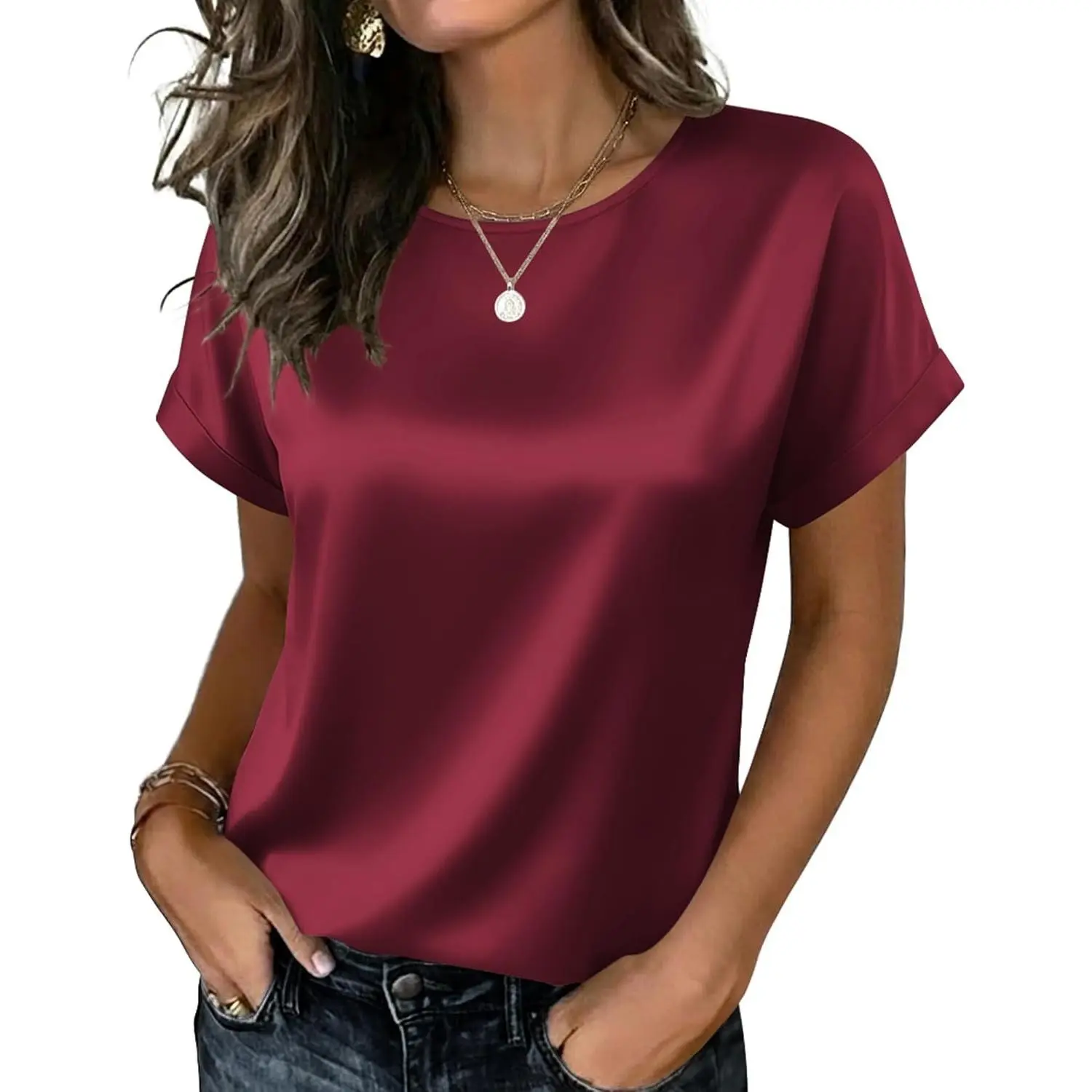 Satin Blouse for Women Business Casual Outfit Short Sleeve Tops Crewneck Tshirt Silk Shirt Summer Clothes