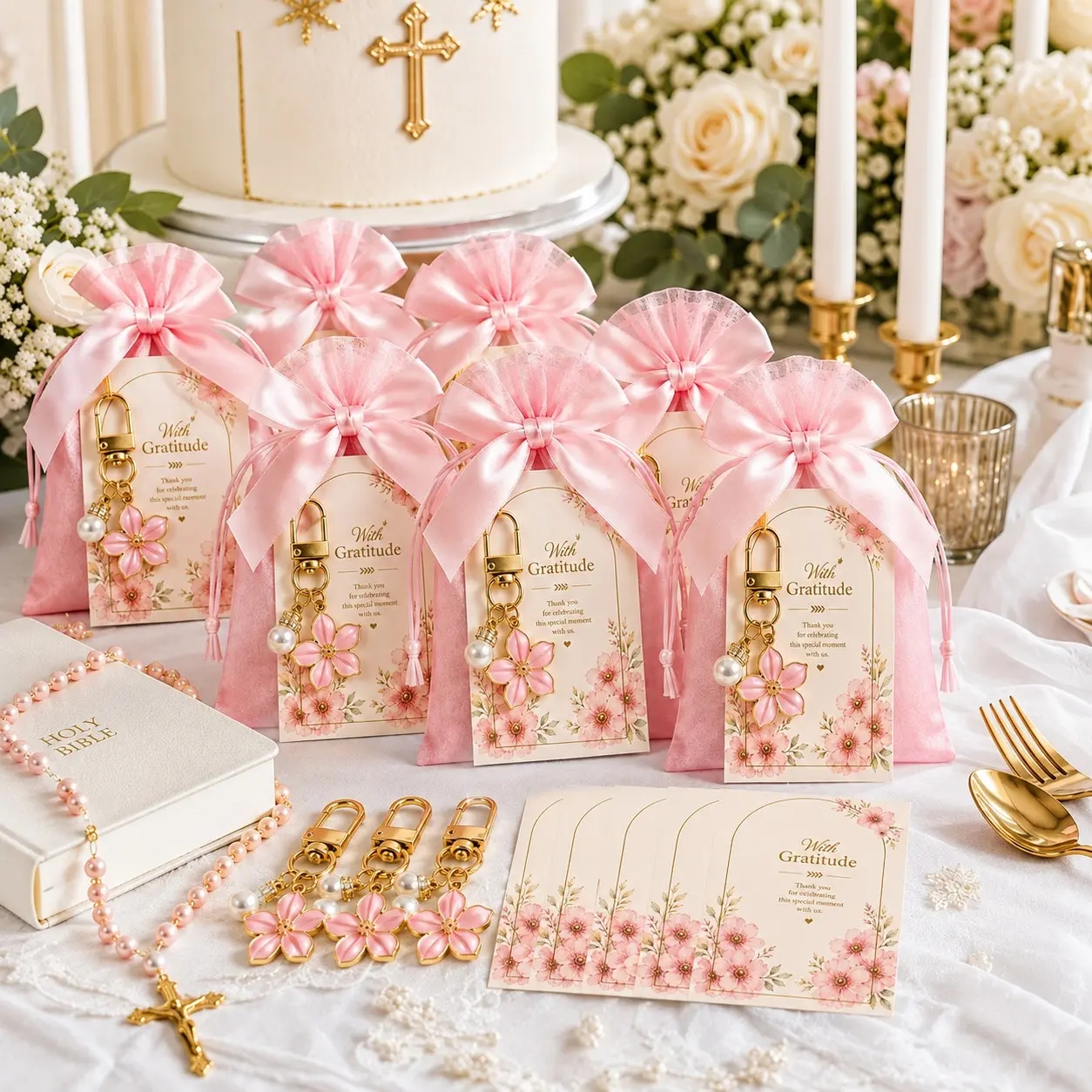 10/20 Sets Baby Shower Favors for Guests, Pink & White Cherry Blossom Pearl Keychains with Pink Organza Gift Bags and Thank You Cards, Gender Reveal Party, Baptism and Christening Favors, Birthday Party Gifts and Guest Keepsakes