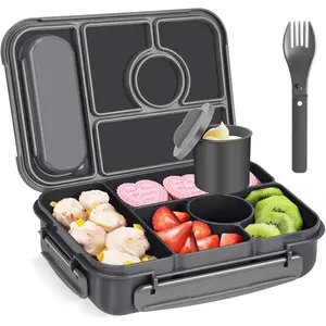 Bento Box Adult Lunch Box ,Lunch Containers for Adults//,5 Compartments Bento Lunch Box with Sauce Vontainers,Microwave & Dishwasher & Freezer Safe, (Dark Gray)