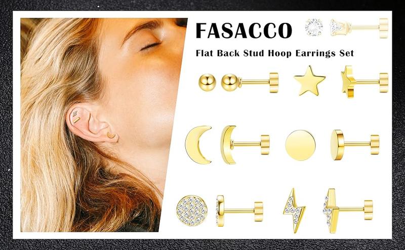 FASACCO 12Pairs Flat Back Earrings for Women Men Plated Stainless Steel Flatback Stud Small Huggie Hoop Earrings 20G Tiny Stud Earring Jewelry Charms