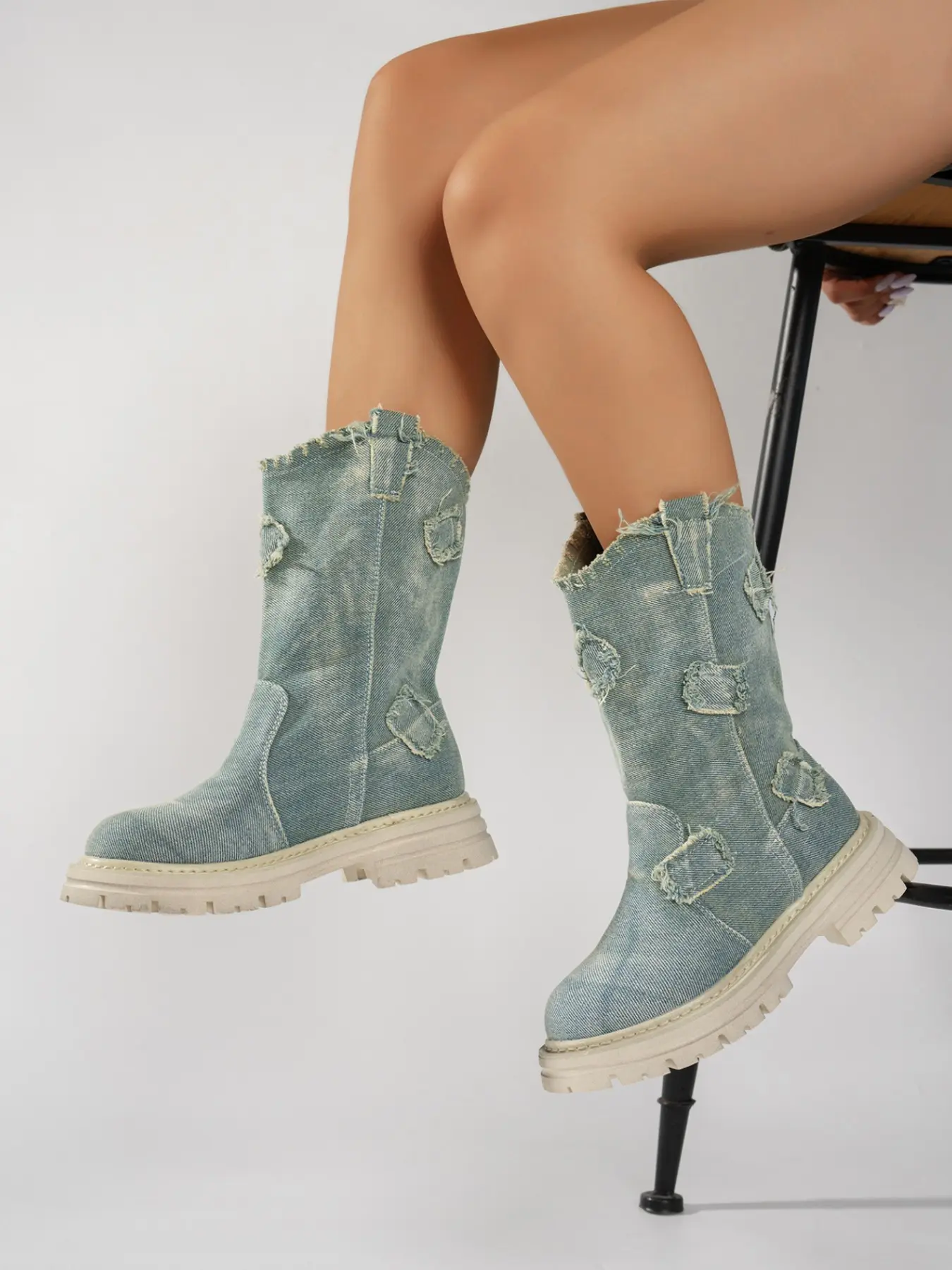 Women's New Denim High Top Boots, Frayed Edge Thick Sole Round Toe, Streetwear Workwear Style, American Vintage, British Casual, Outdoor Travel