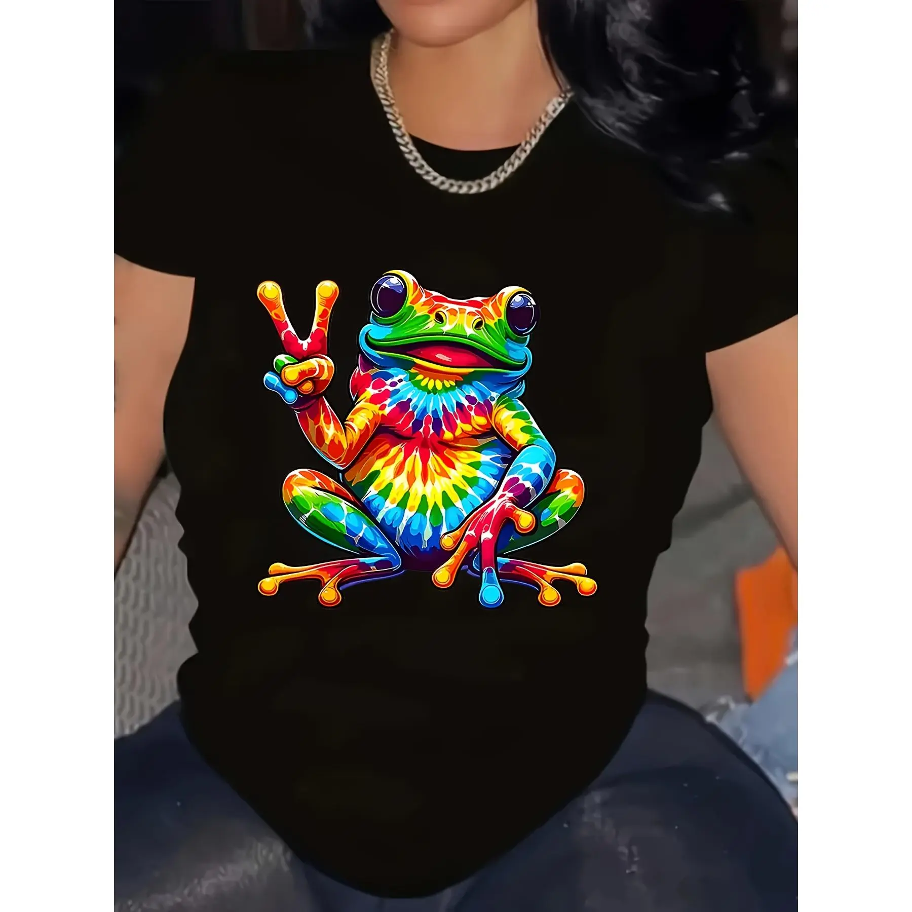 100% Cotton Women Round Neck Short Sleeve T-Shirt, Colorful Tie Dye Peace Sign Frog Cartoon Graphic Front Print Loose Casual Tee, Hippie Retro Rainbow Animal Soft Breathable Summer Daily Wear Top Gift