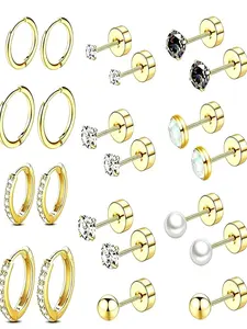 316L Stainless Steel Multi-Piercing Earrings Set, 11 Pairs, Hypoallergenic, Zirconia, Fashion Jewelry, Gift for Girlfriend, Minimalist Design