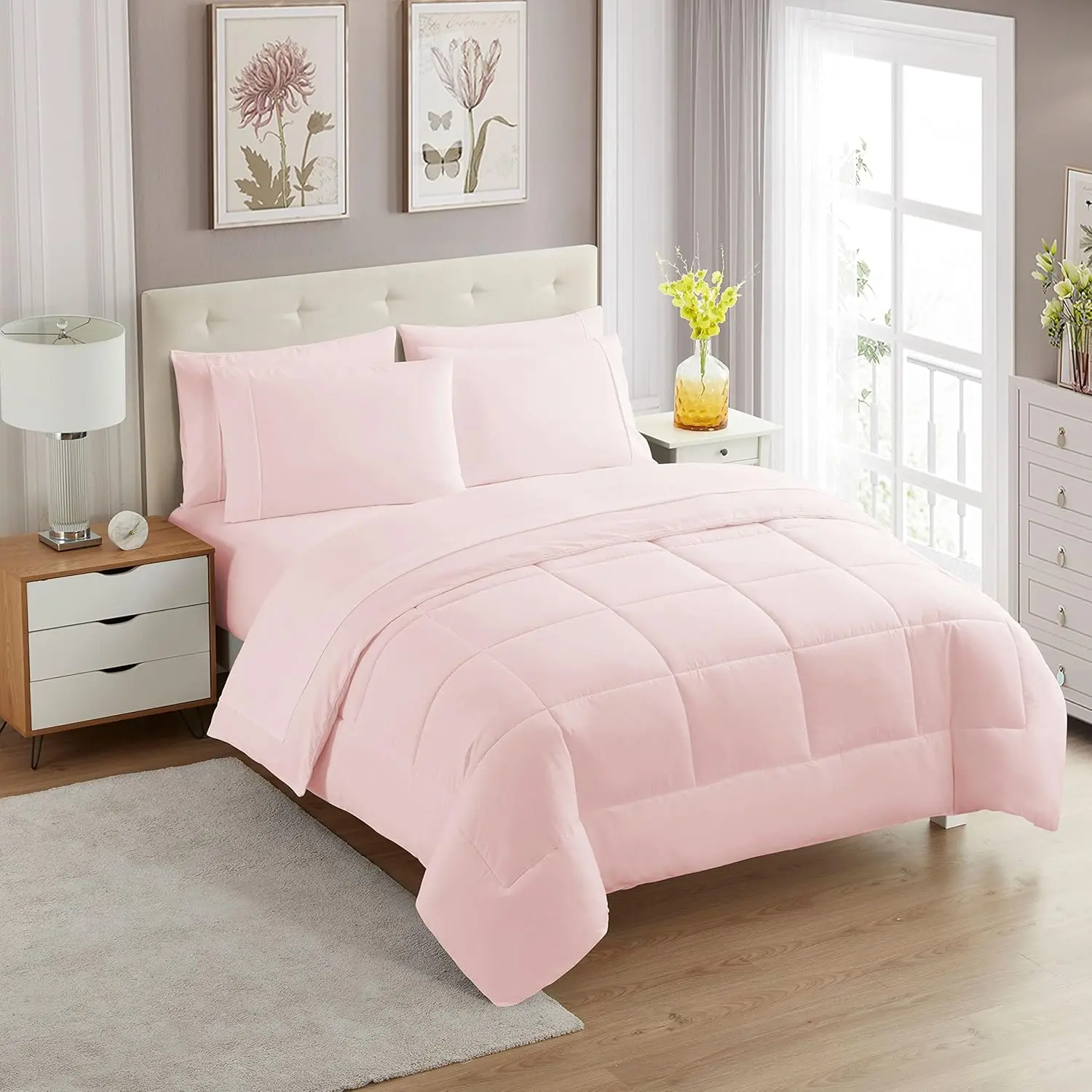 Sweet 5 Piece Comforter Set Bag Color All Season Soft Down Alternative Blanket & Luxurious Microfiber Bed Sheets, Pale Pink, Twin