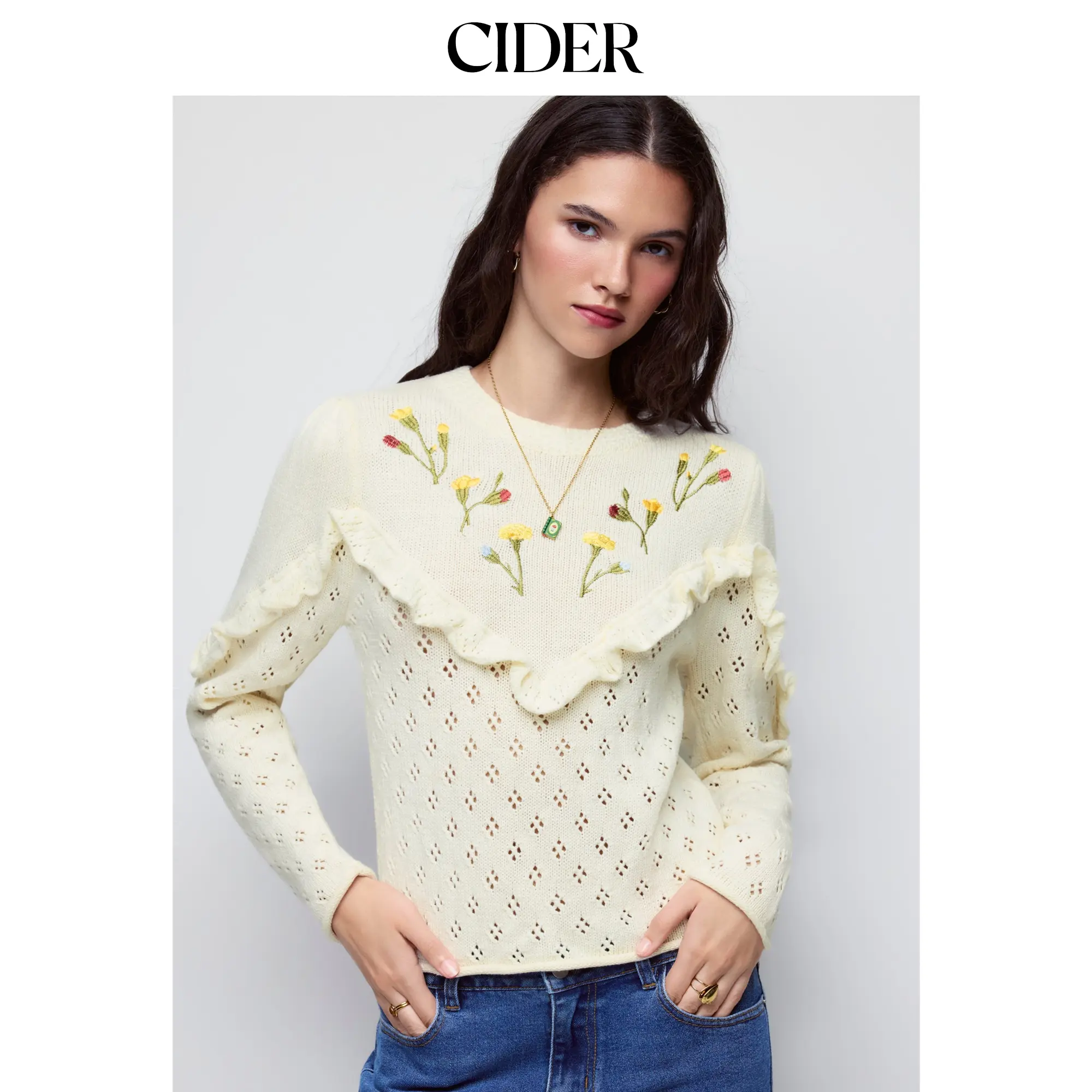 Cider Knit Cotton-blend Floral Embroidery Pointelle Ruffled Sweater
