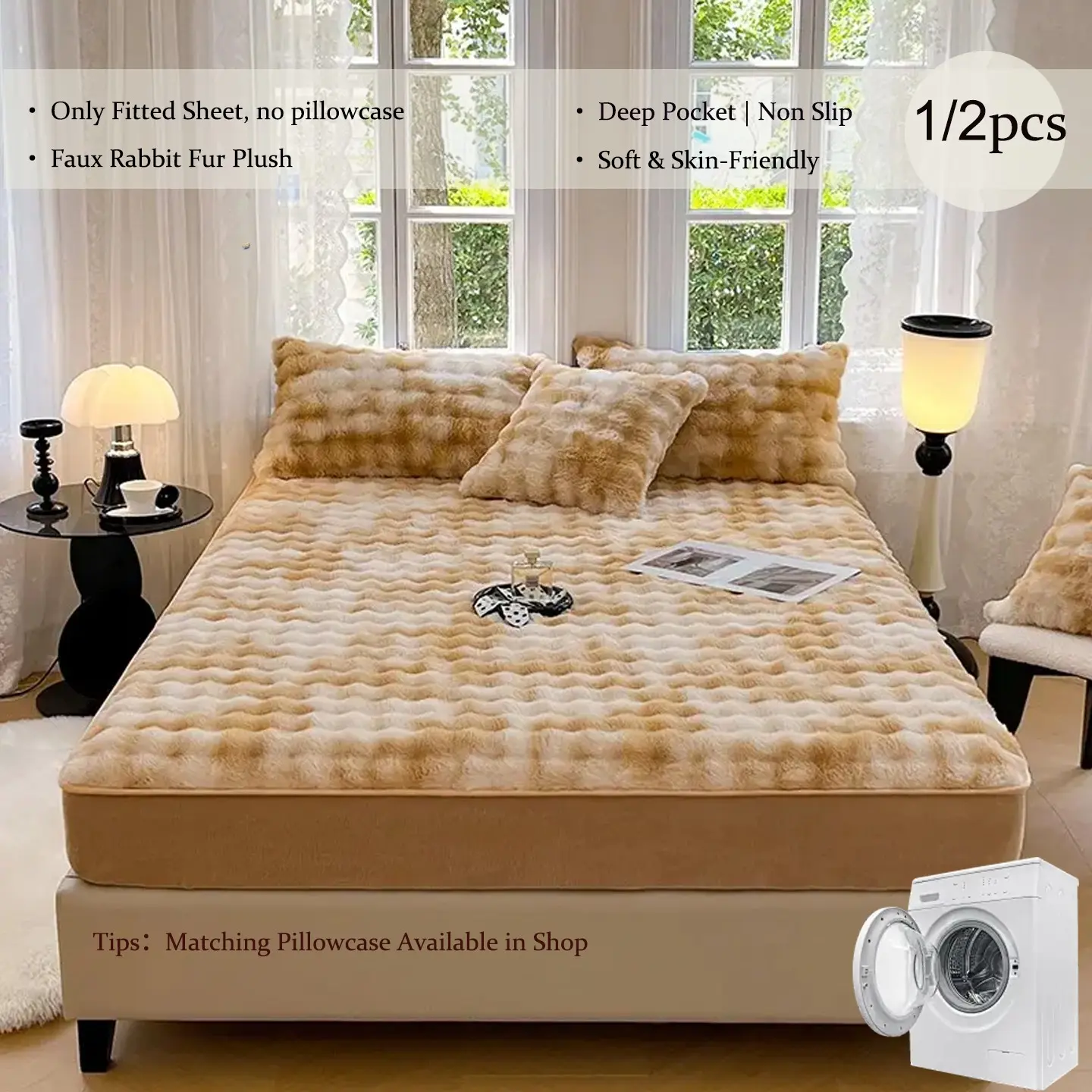 1PC Faux Rabbit Fur Bubble Fitted Sheet, Plush Thick Mattress Protector Cover, Non‑Slip Elastic Deep Pocket Bed Sheet, Soft Cozy Warm Fluffy Bedding for Bedroom Dorm, Machine Washable, Multiple Sizes & Colors