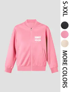 "FAMILY is an AMAZING LIFE" Women's Printed Zip Long-Sleeve Jacket, 4-Season Casual Long-Sleeve Bomber Jacket, Fashionable Outerwear for Daily Wear & Outdoor Activities - Layering Style