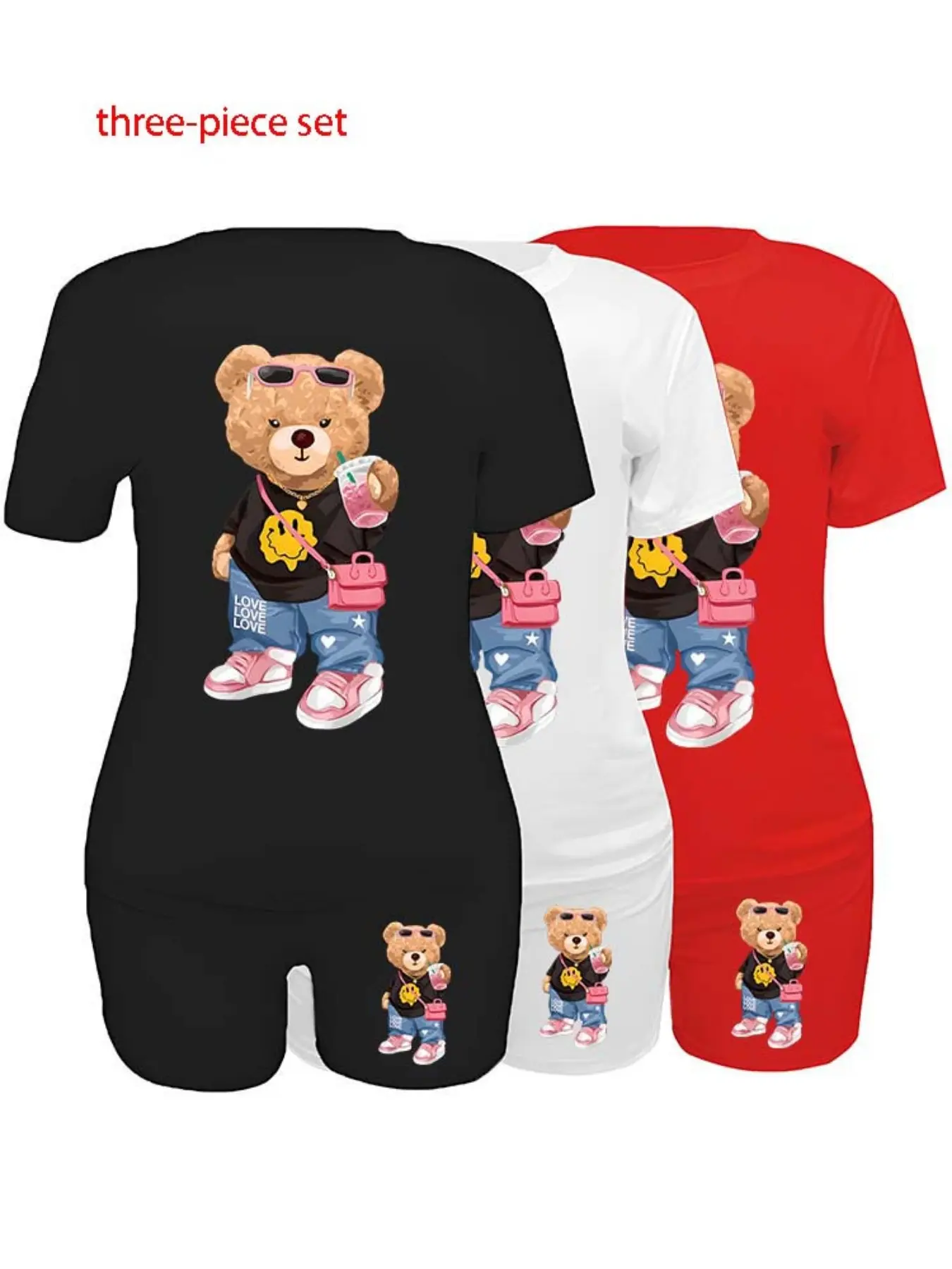 Women's Cartoon Bear Smile T-Shirt Set, Short Sleeve Top & Shorts, Casual Fitted, All-Seasons Wear, Classic Color Scheme