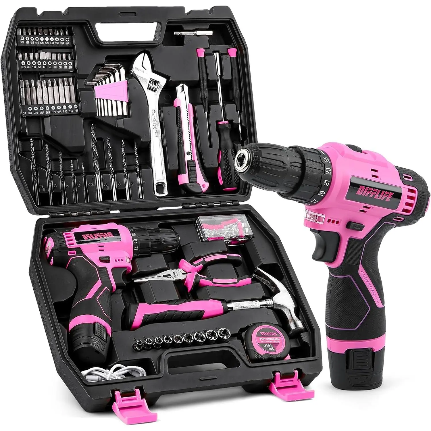 147 Piece Pink Power Drill Drivers Tool Set with 12V Cordless Drill, Professional Household Home Tools Kit Set, DIY Pink Electric Drill Cordless Hand Tool Box Women