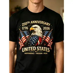 250th Anniversary United States T Shirt 1776 2026 Patriotic Eagle American Flag Shirt Independence Freedom Pride Tee USA 250 Years Celebration Gift Men's Trendy Casual Black Printed T-Shirt Fashion Must-Have Short Sleeve Crew Neck Comfortable Tee Top