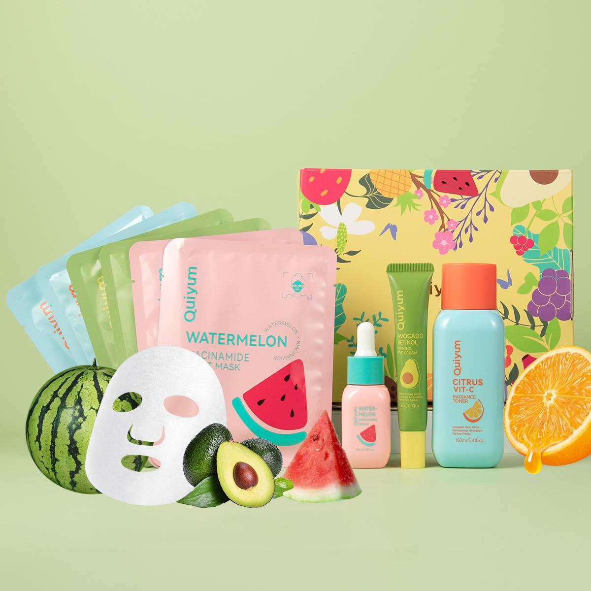 Fruit Refresh Skin Care Kit, 1 Set Skin Care Gift Box, Including Eye Cream, Serum, Toner, Mask, Face Mask, Skin Care Product for Women & Men, Cosmetic