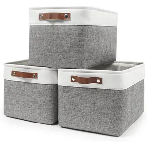 Storage Bins Large Fabric Storage Baskets for Shelves 3 Pack, Decorative Linen Closet Baskets with Handles for Organizing, Shelf, Clothes, Home, Office, 15x11x9.5Inches (Grey&White)