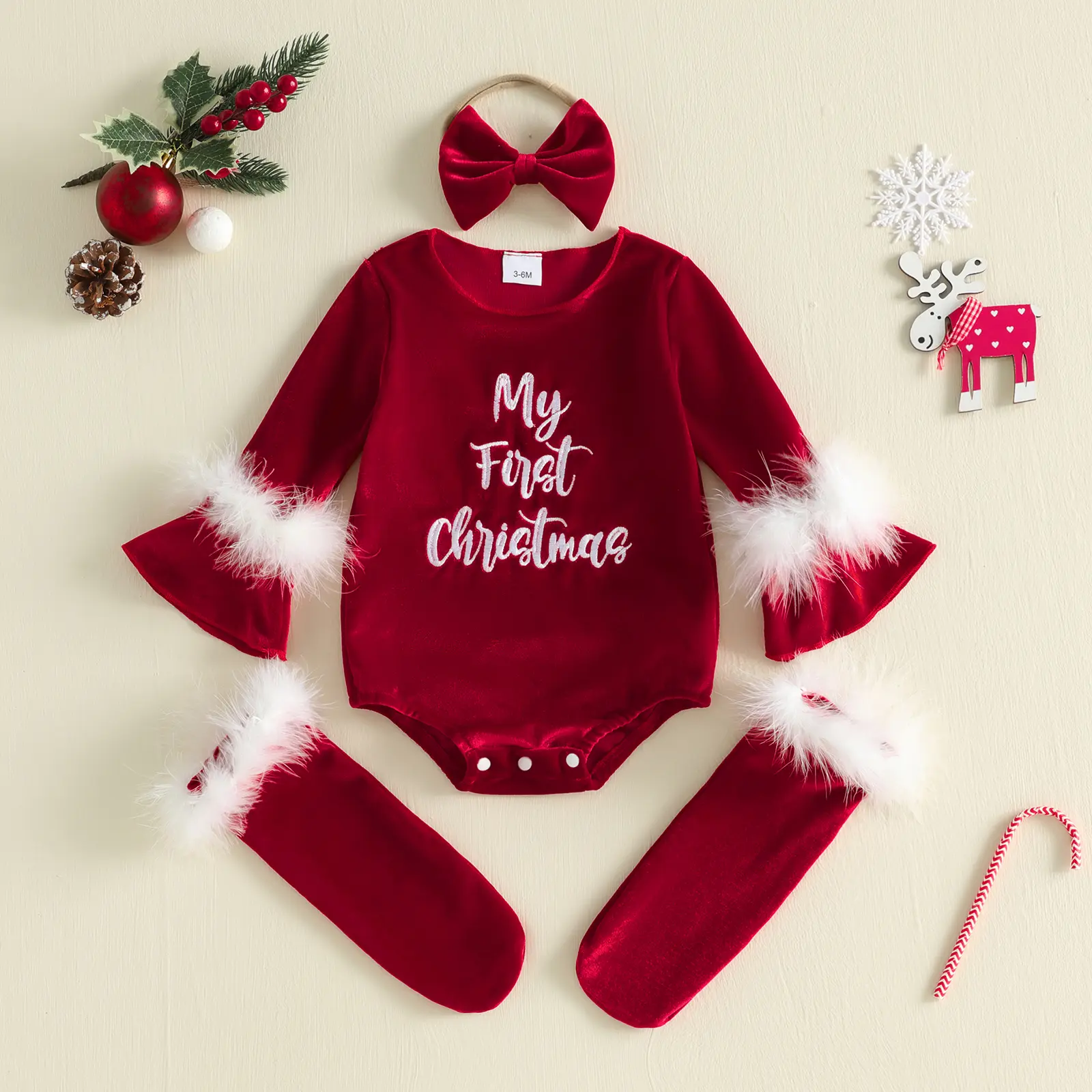 Infant Baby Girl Christmas Velvet Romper Letters Embroidery Long Sleeve Jumpsuit with Stockings Set Fall Winter 0-18 Months