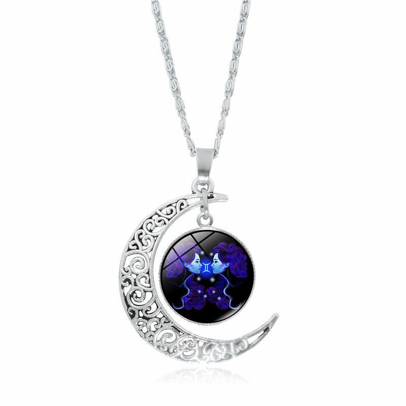 12 Constellation Necklace, Zodiac Moon Glass Gemstone Pendant, European & American Fashion Jewelry