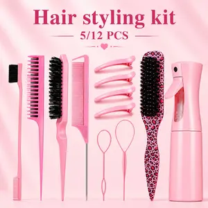 5/12Pcs Hair Styling Kit, All-in-One Hair Brush & Comb Set with Fine Mist Spray Bottle, Edge Brush, Rat Tail Comb, Paddle Brush, Hair Clips & Styling Tools for Detangling, Smoothing, Sectioning, Sleek Buns, Ponytails & Daily Hair Care