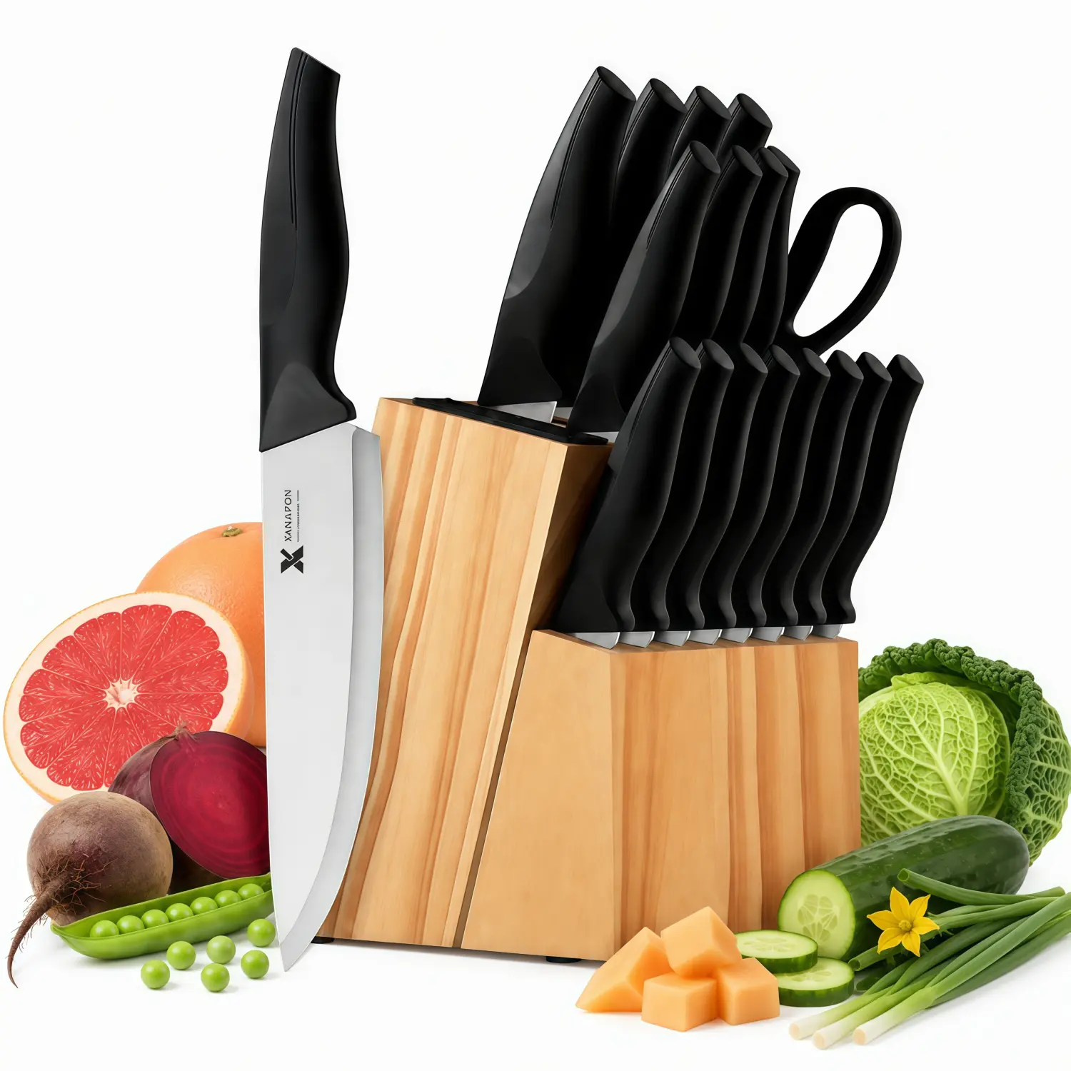 19-Piece Stainless Steel Kitchen Knife Set with Self-Sharpening Block, Built-In Knife Sharpener, Ergonomic ABS Non-Slip Handles, Black Cutlery for Home Slicing and Cutting Tasks