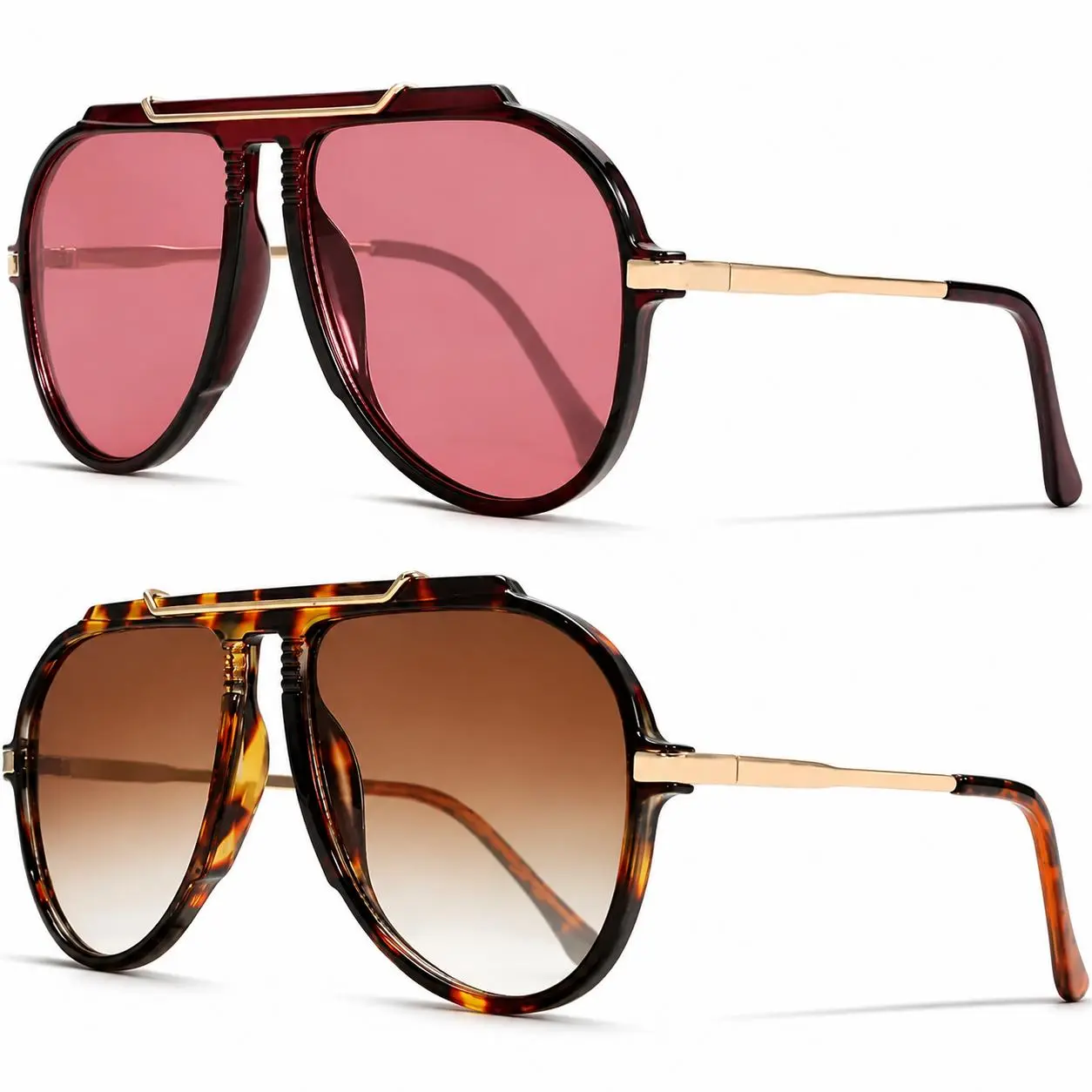 2-Pack Oversized Aviator Sunglasses, 70s Retro Gold Metal Square Shades for Women & Men, Statement Eyewear for Summer Travel & Parties