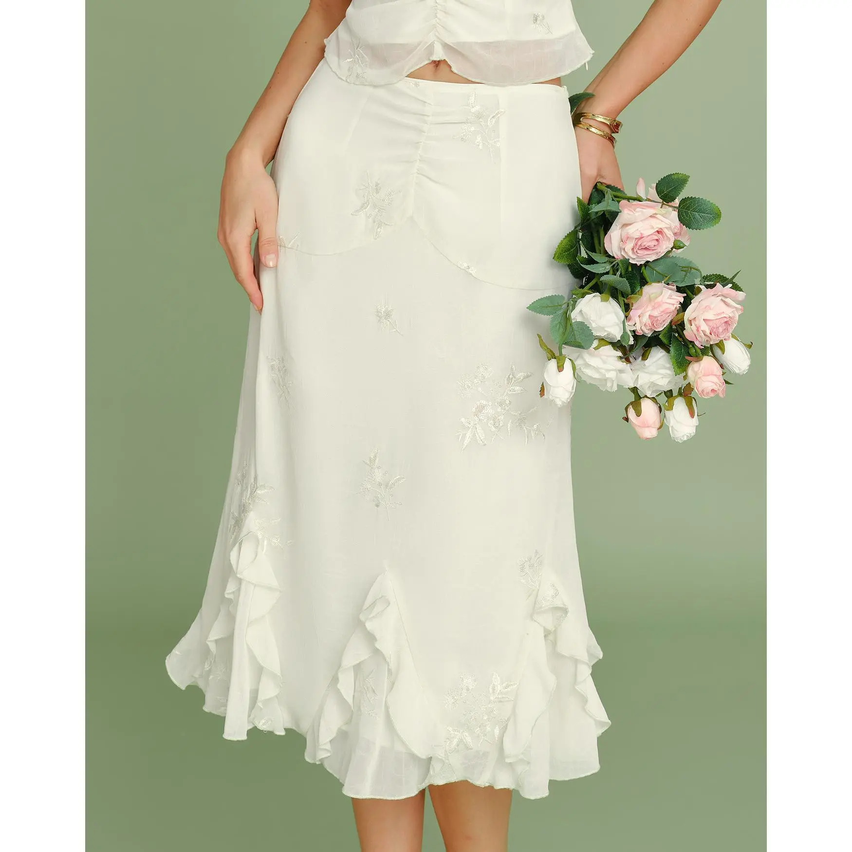 Apricot Embroidery Ruffle Midi Skirt