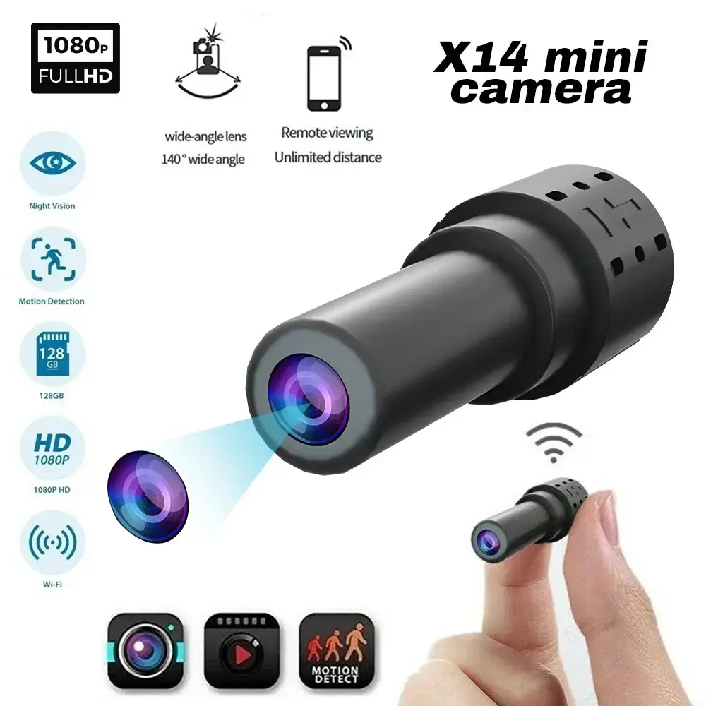 Mini WiFi Security Camera, 1080P Full HD Indoor Surveillance Cam with 140° Wide Angle, USB-Plug-and-Play, Night Vision, Motion Detection, Remote View, 128GB Max TF Card Recording for Home, Shop Monitoring