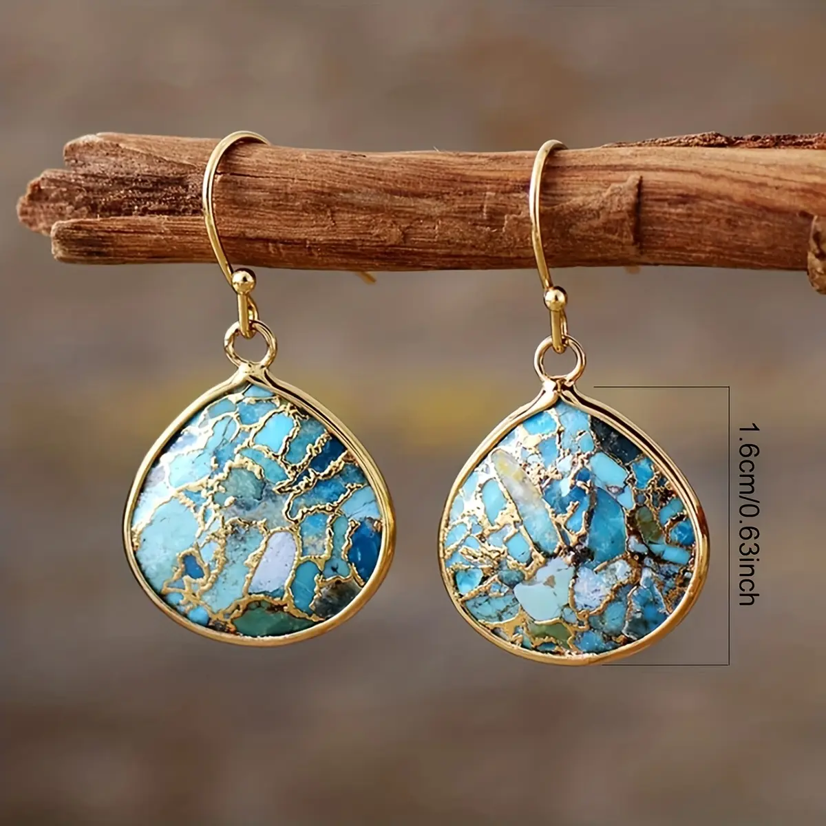 Female Vintage Bohemian-Style Dangle Earrings - Golden Texture, Turquoise Copper Stone, Everyday Wear Fashion Costume Jewelry, Ideal Gift