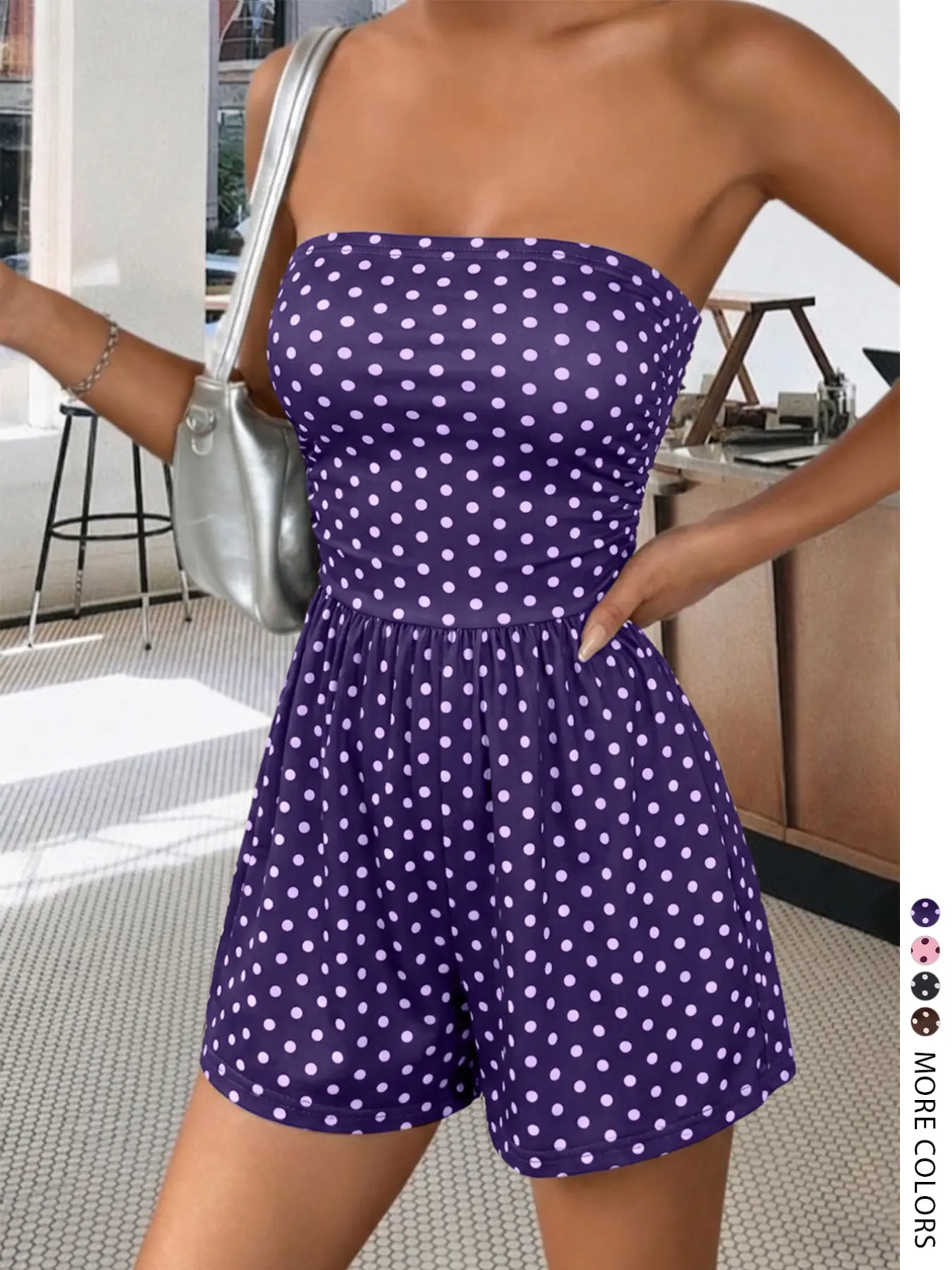 Lw Zillionaires Polka Dot Women's Sleeveless Strapless Jumpsuit Style, Fitted Short Pants, Casual Summer, No Pockets, Fashionable Basic