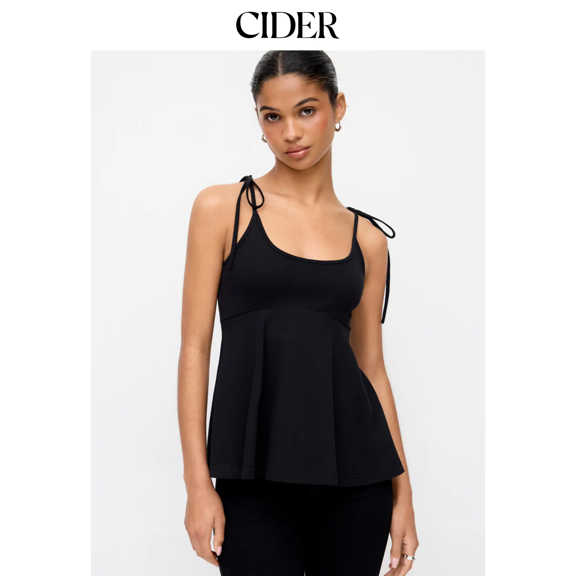 Cider Cotton-blend Square Neck Tie-Shoulder Flared Crop Top SummerWins SummerFinds