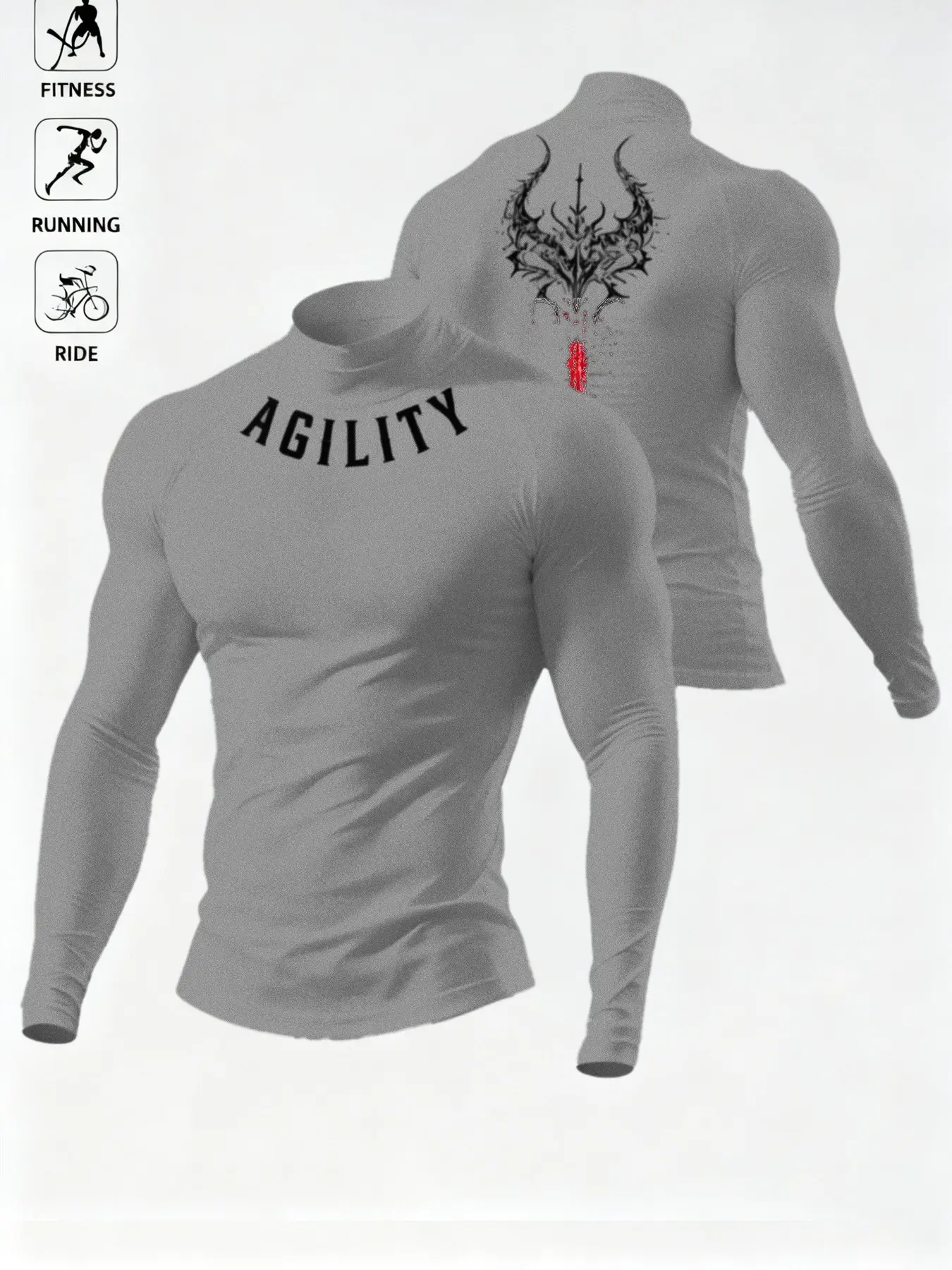Gothic Agility Print Long Sleeve Top, Quick-Dry Fitted Crew Neck, Unisex Casual Wear, Ideal for Gym, Outdoor, Urban Commute