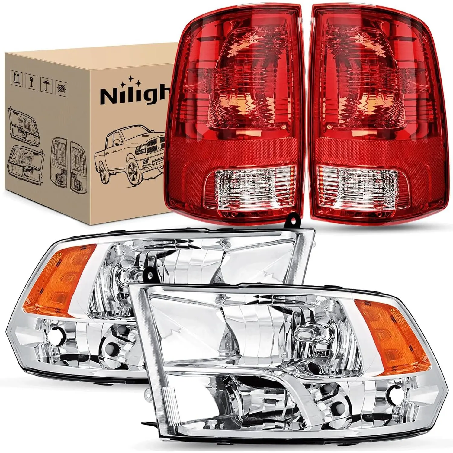 Nilight Waterproof Corrosion Resistant Headlight & Taillight Combo with UV Coating & 1-Way Vents, Compatible with 2009-2018 Dodge Ram Quad Models, Chrome Housing Amber Reflector Headlights & Red Housing Taillights