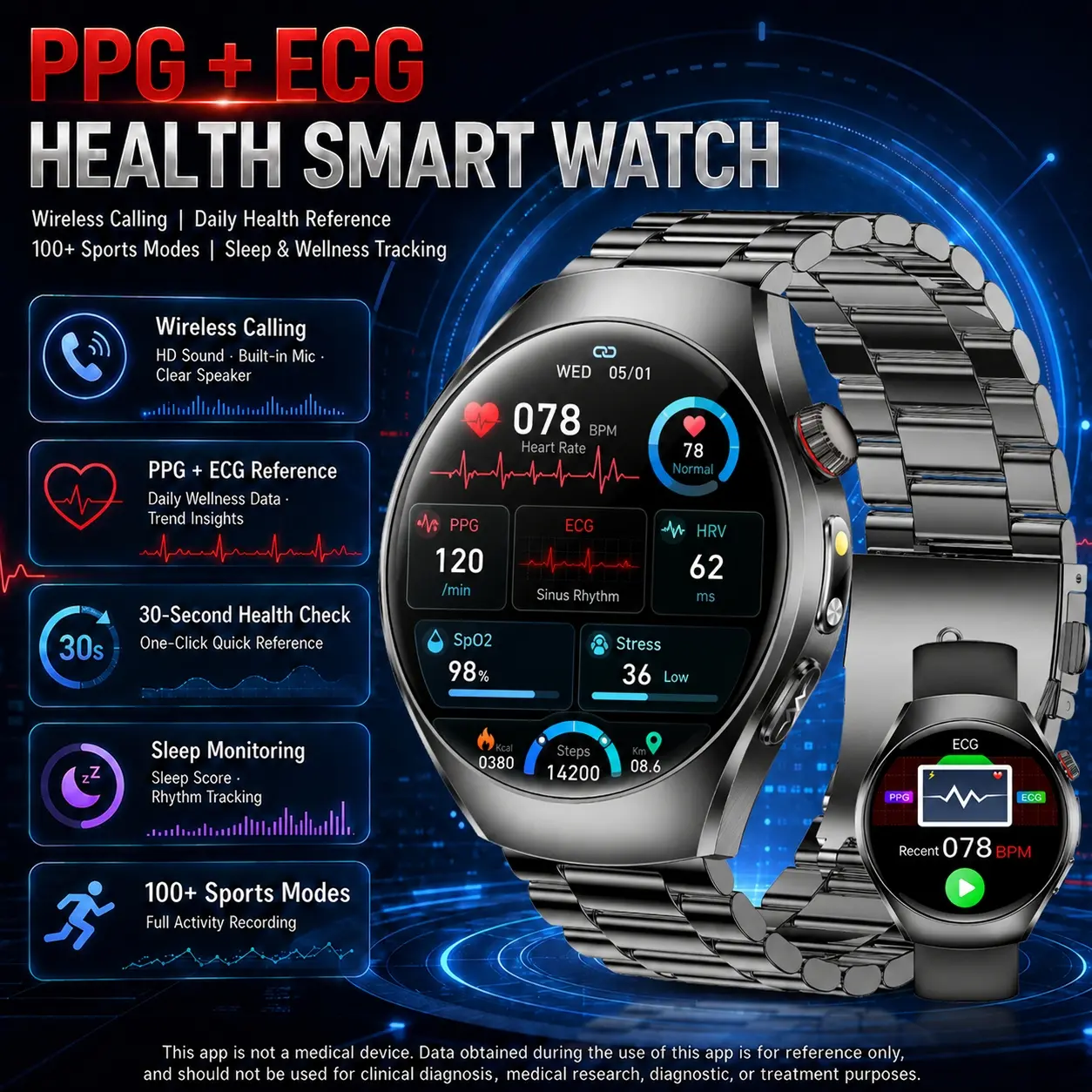 2026 new 1.47" AMOLED Smart Watch for Men Women, Wireless Calling Fitness Tracker with 100+ Sports Modes, Heart Rate Reference, ECG/PPG Wellness Data, Blood Oxygen Reference, Stress Trend, Smart Reminder Watch for Android iOS