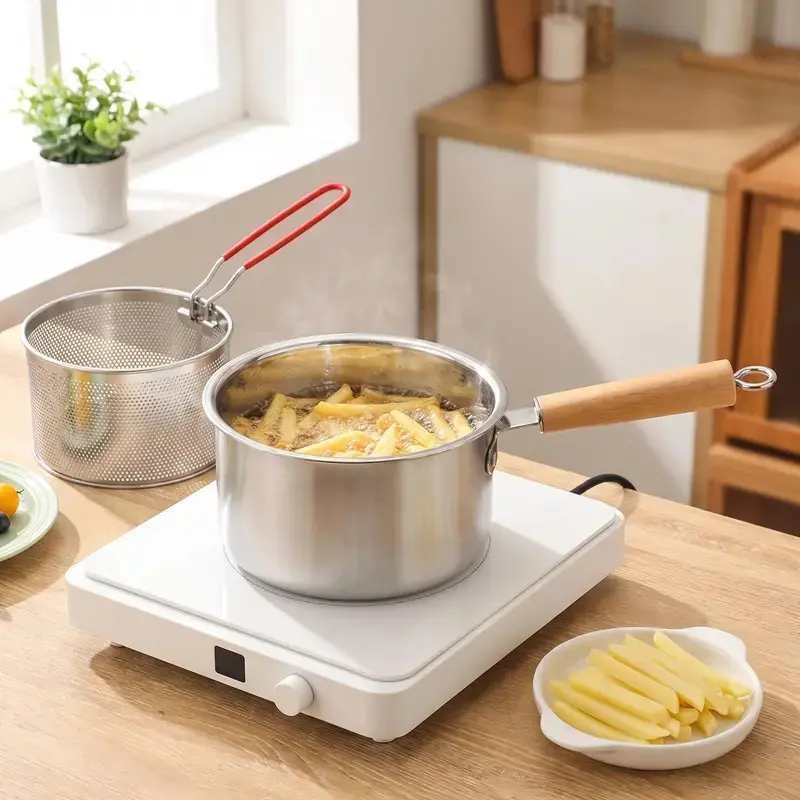 [Home Essentials]Sturdy Portable Stainless Steel Home Deep Fryer Pot - Food Grade, Heat-Resistant, Heatproof Home Style Cooking Pot with Mesh Basket, Wooden Handle, Glass Cover for Frying, Boiling