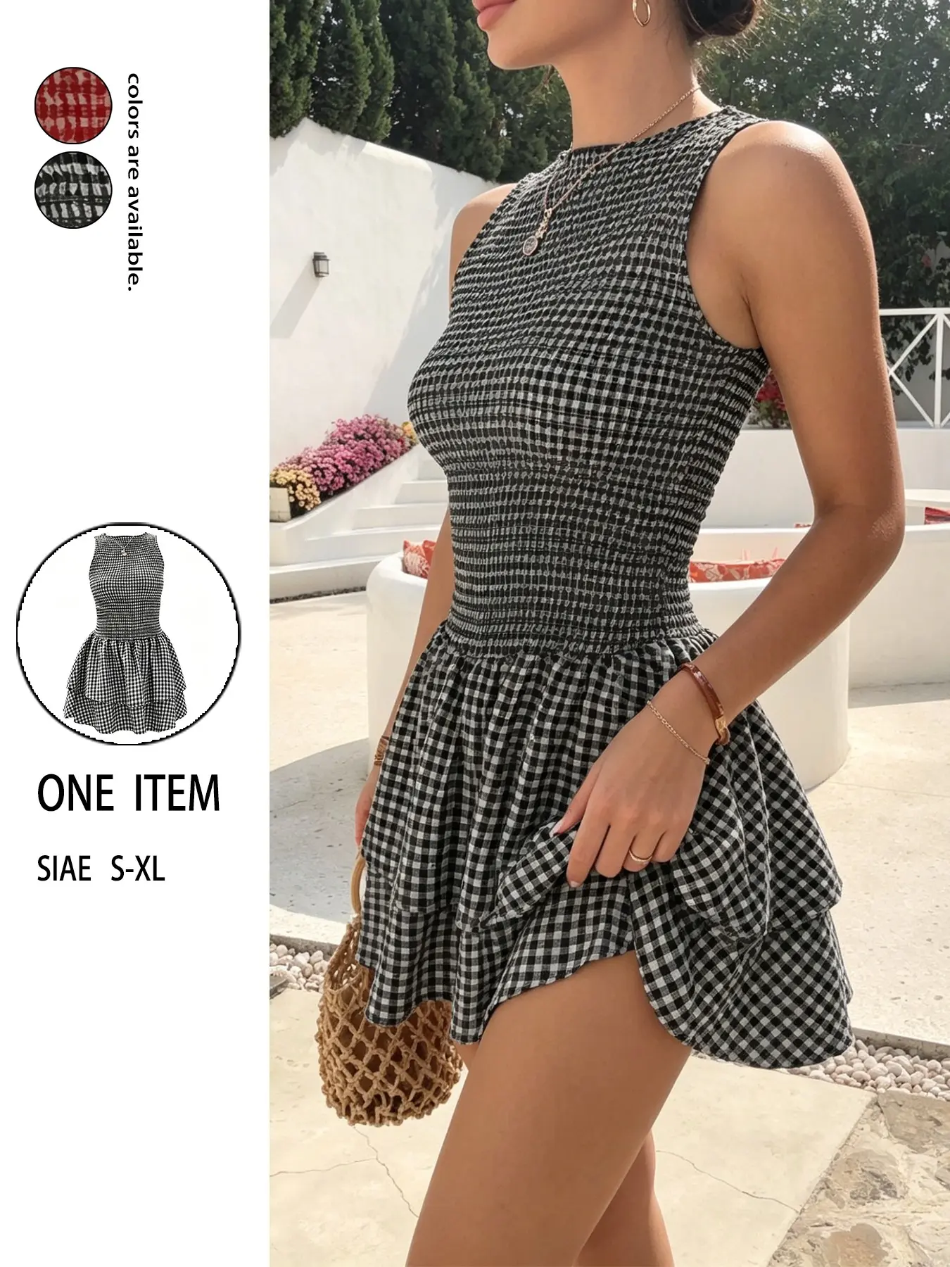 Sweet Style Plaid Sleeveless Backless Dress, Summer New Arrival, Slim Fit Waist Cinch, Long Mini Dress for Women, Elegant Fitted Design