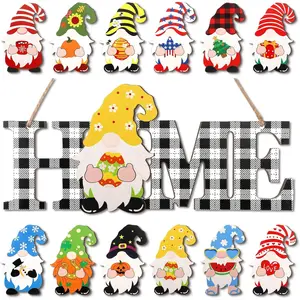13 Pcs Interchangeable Home Gnome Wood Sign 3D Easter Spring Seasonal Door Decor Rustic Farmhouse Home Decoration  Holiday Wall Decor Gift(Black and White)