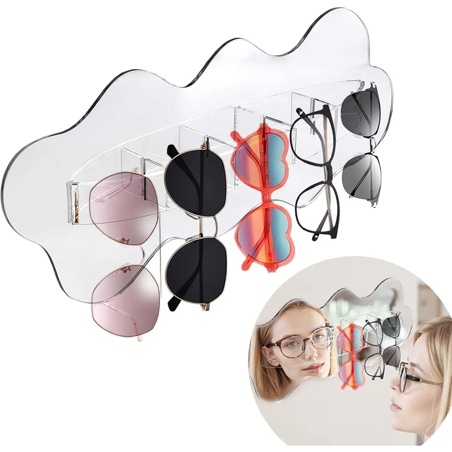 Multi-functional Mirror Sunglasses Storage,Creative Wave Shaped Eye Glasses Rack Organizer,Clear  Glasses Organizer for  Office Bathroom Bedroom Wall-Mounted