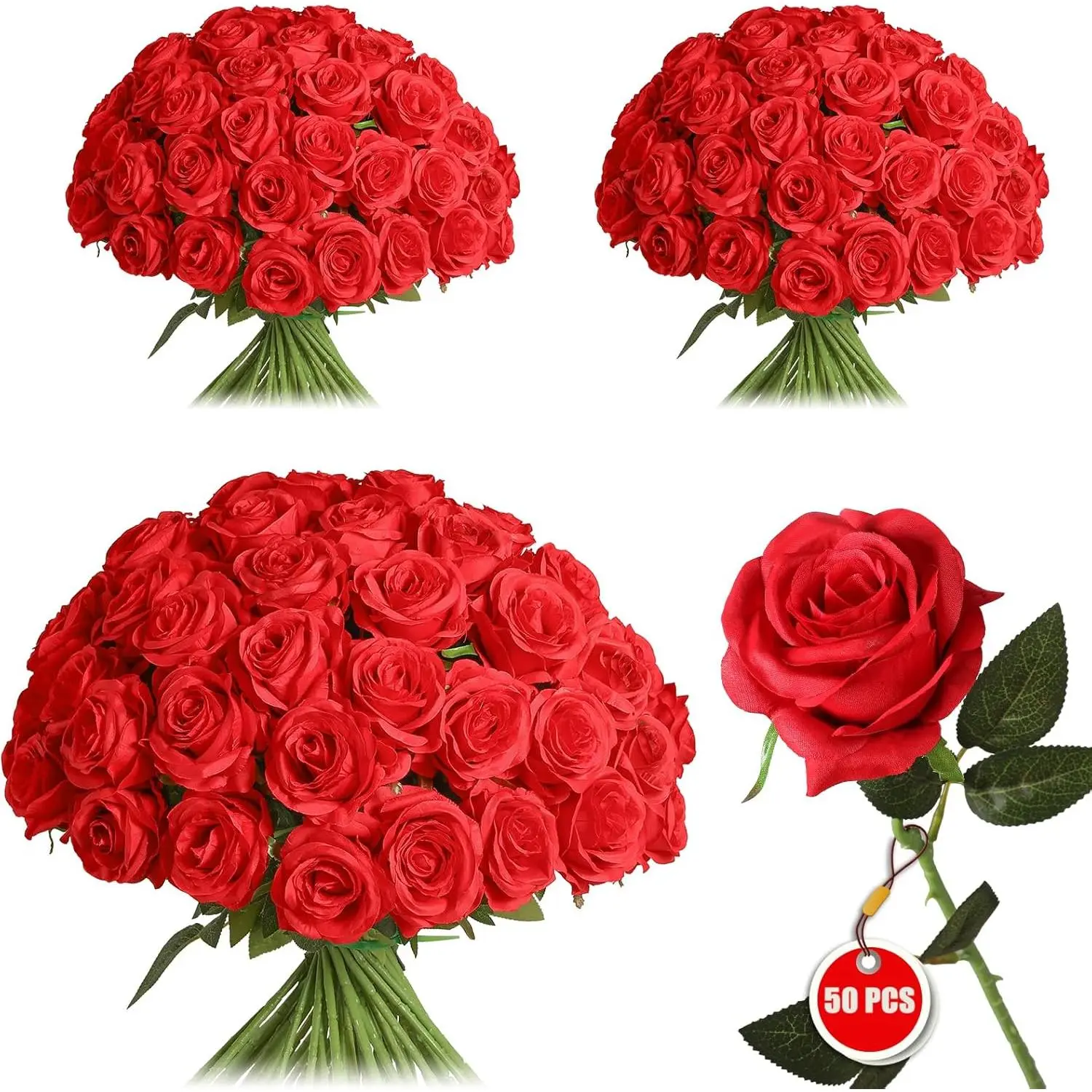 12/24/48PCS Artificial Silk Roses Flowers – Realistic Fake Roses in Bulk & Bouquet Long Stem Red Rose for Wedding Centerpieces, Home Decor, Floral Arrangements, Party Decoration (Red)