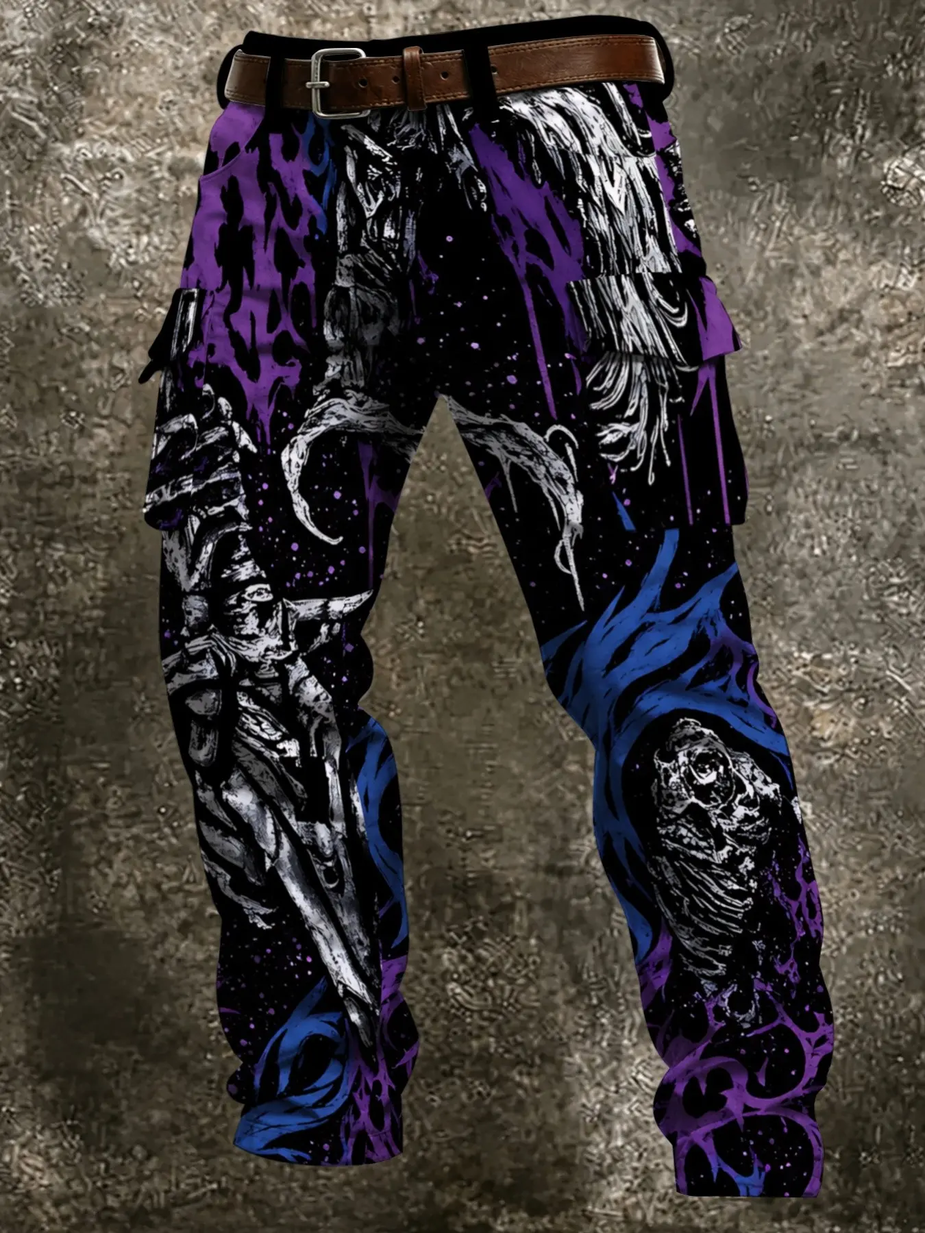 Dark Blue Flame Skull Workwear Pants, Gradient Fire Pattern, Hand-Drawn Skull Print, Dual Side Pouches, Casual Long Pants