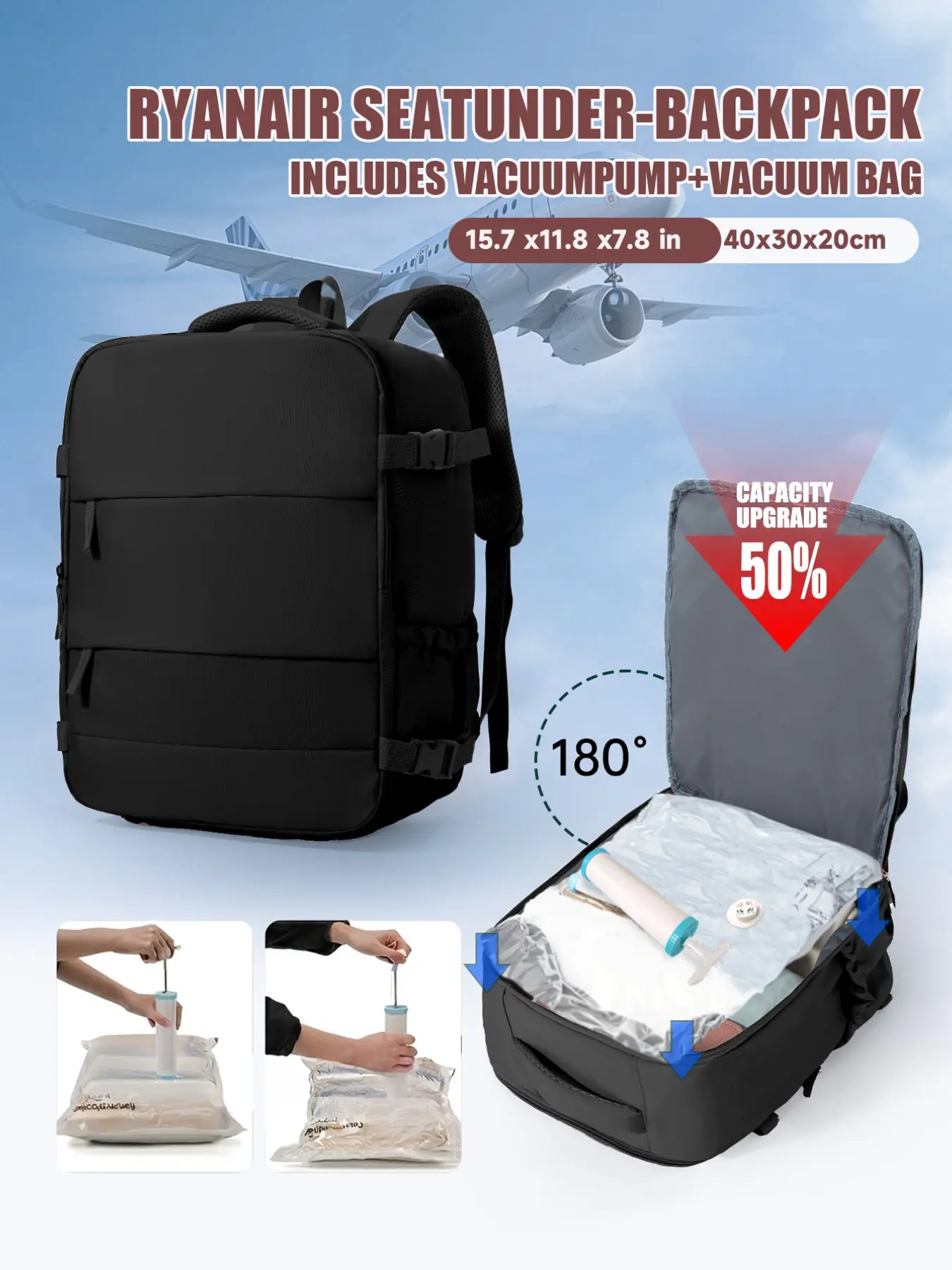 Ladies' Shoulder Bag Travel Backpack, Vacuum Travel Backpack with Manual Pump, Business Weekend Bag, Air Travel Luggage, Back-To-School Gift