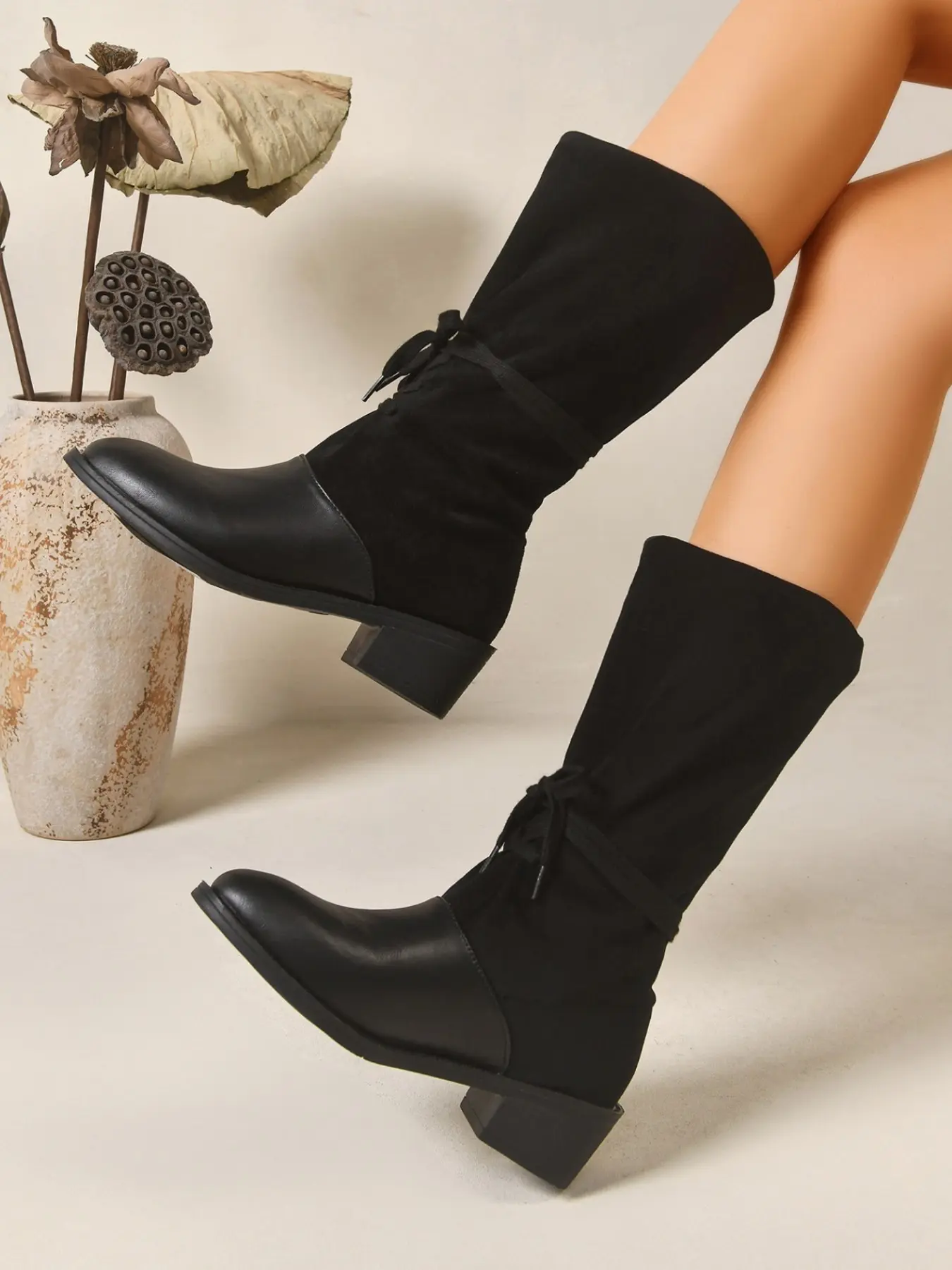 Meadow Patchwork Folded Mid-Calf Boots, Leather Laces Thick Heel Women's Shoes, Retro Western Style Daily Wear Slimming Mid-Heels
