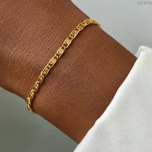 18K Gold Plated Stainless Steel Jewelry Ins Style Geometric Thin Chain Necklace & Bracelet Set for Daily Wear