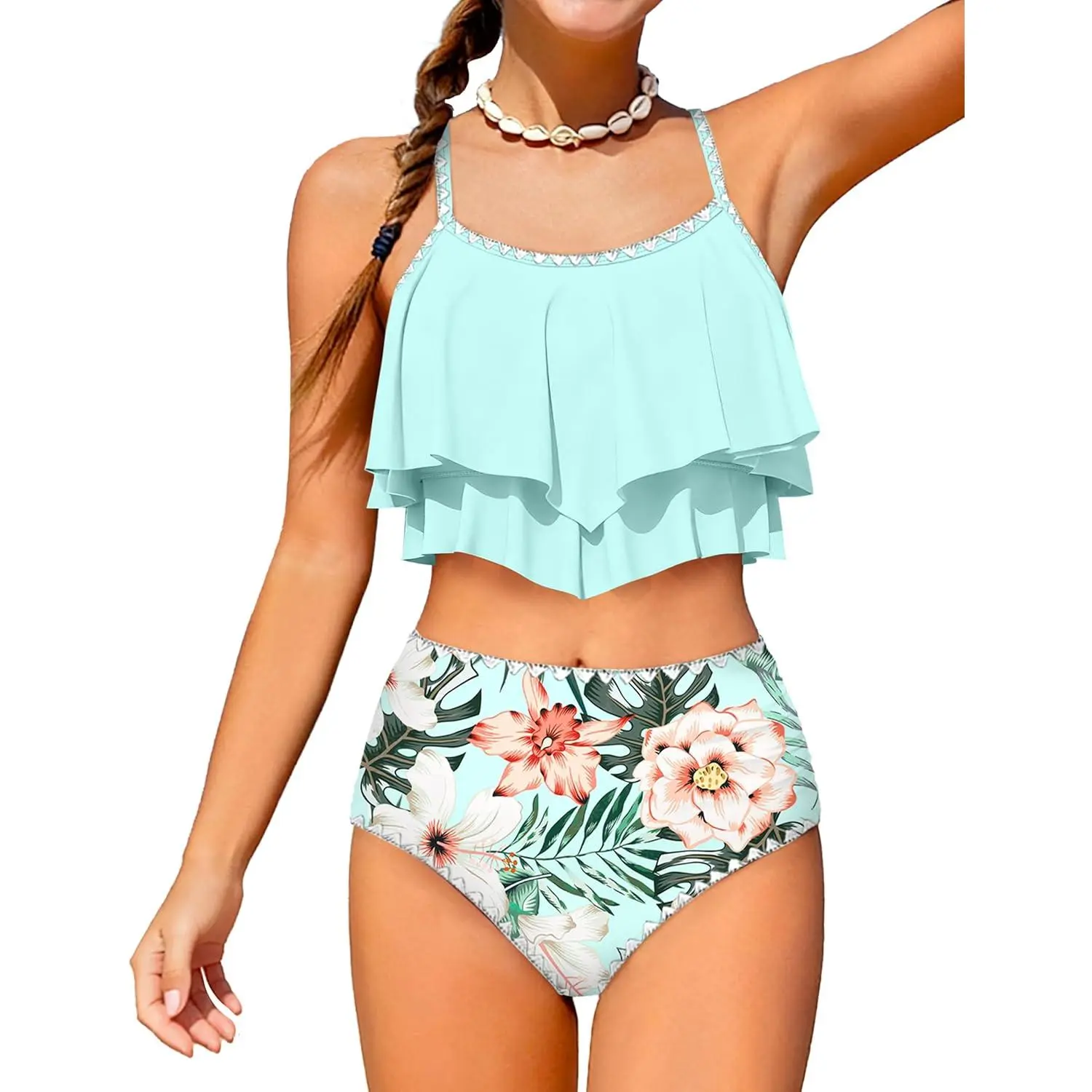 Girls Swimsuit Bikini Set 2 Piece Bathing Suit Tiered Ruffled Contrast Trim Adjustable Straps Girls Swimwear 9-16Y