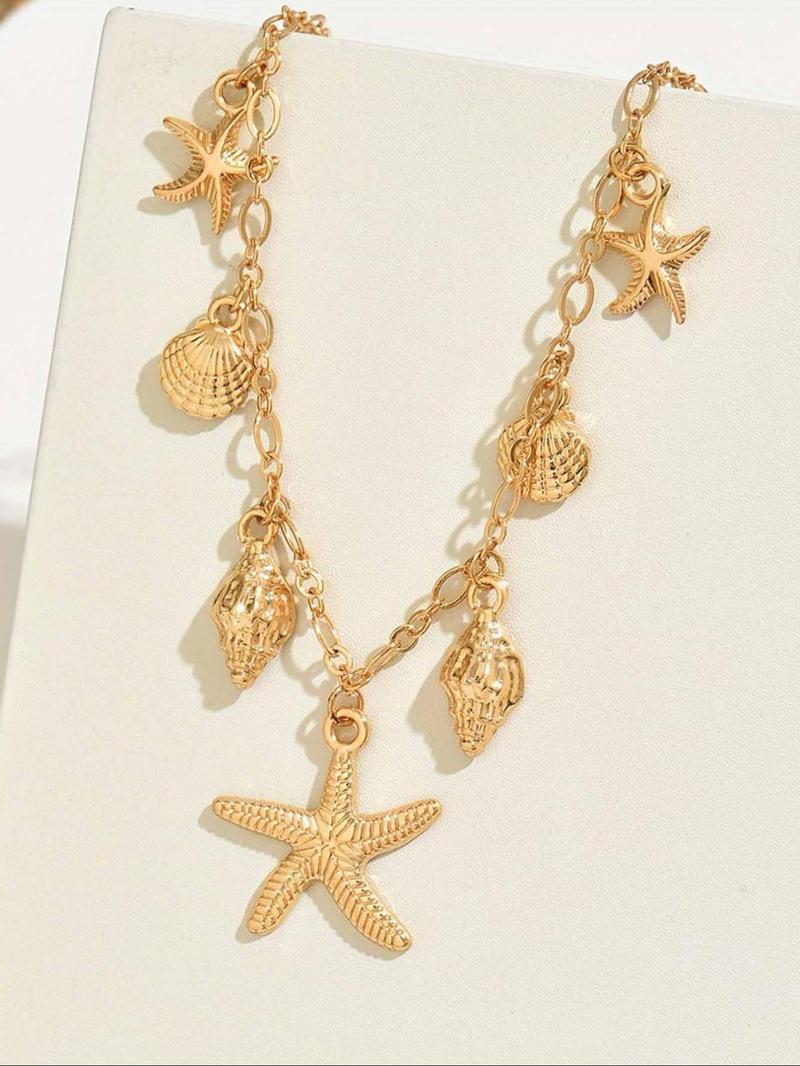 Women's Boho Style Starfish & Shell & Conch Design Layered Necklace, Vintage Trendy Pendant Necklace, Chic Jewelry As Gift for Girlfriend, Daily Wear Necklace, Dainty Necklace