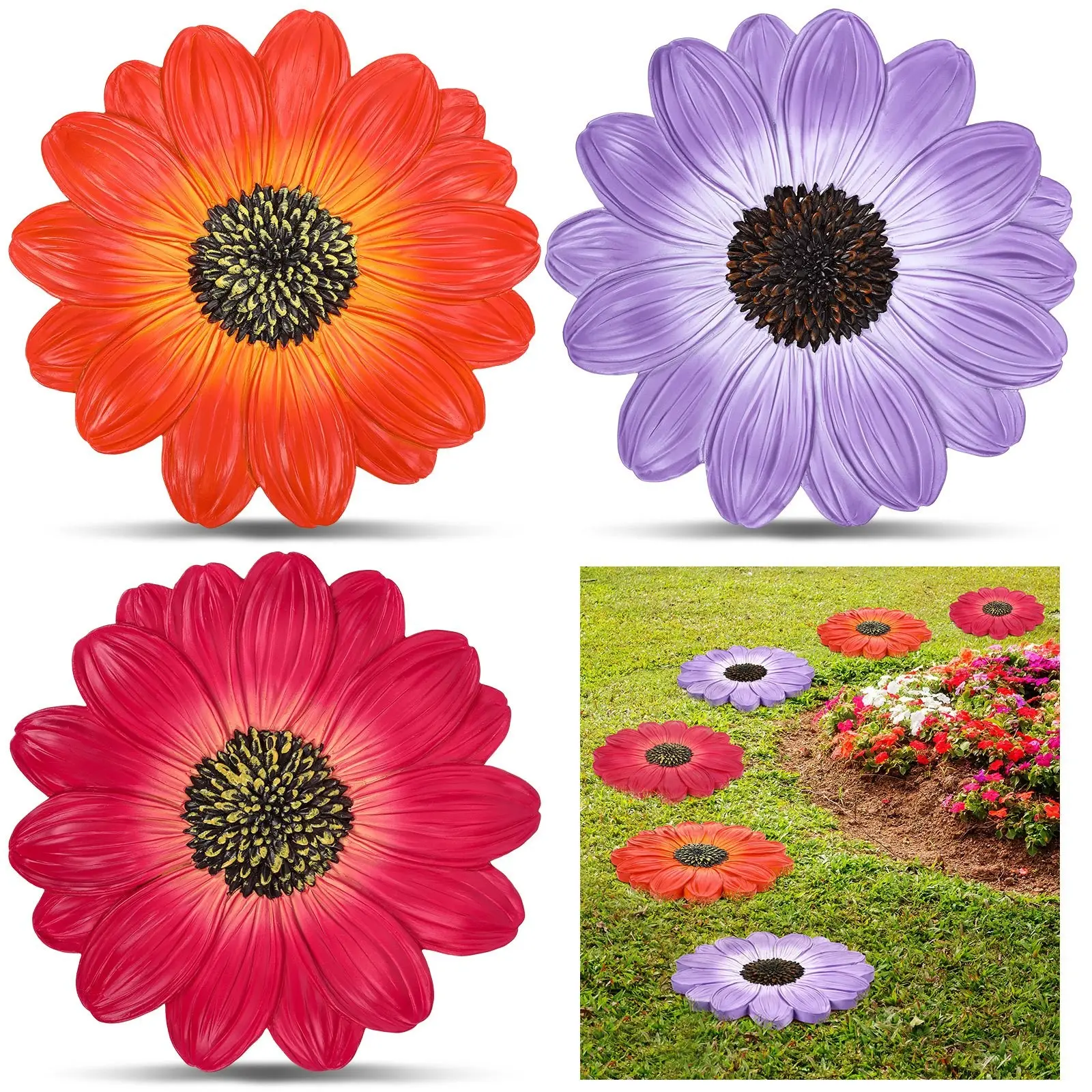 3 Pack Garden Stepping Stone Unique Decorative Dimensional Stepping Stone Outdoor Decor for Patio, Walkway Sculpture Yard(Daisy, 10 Inches)